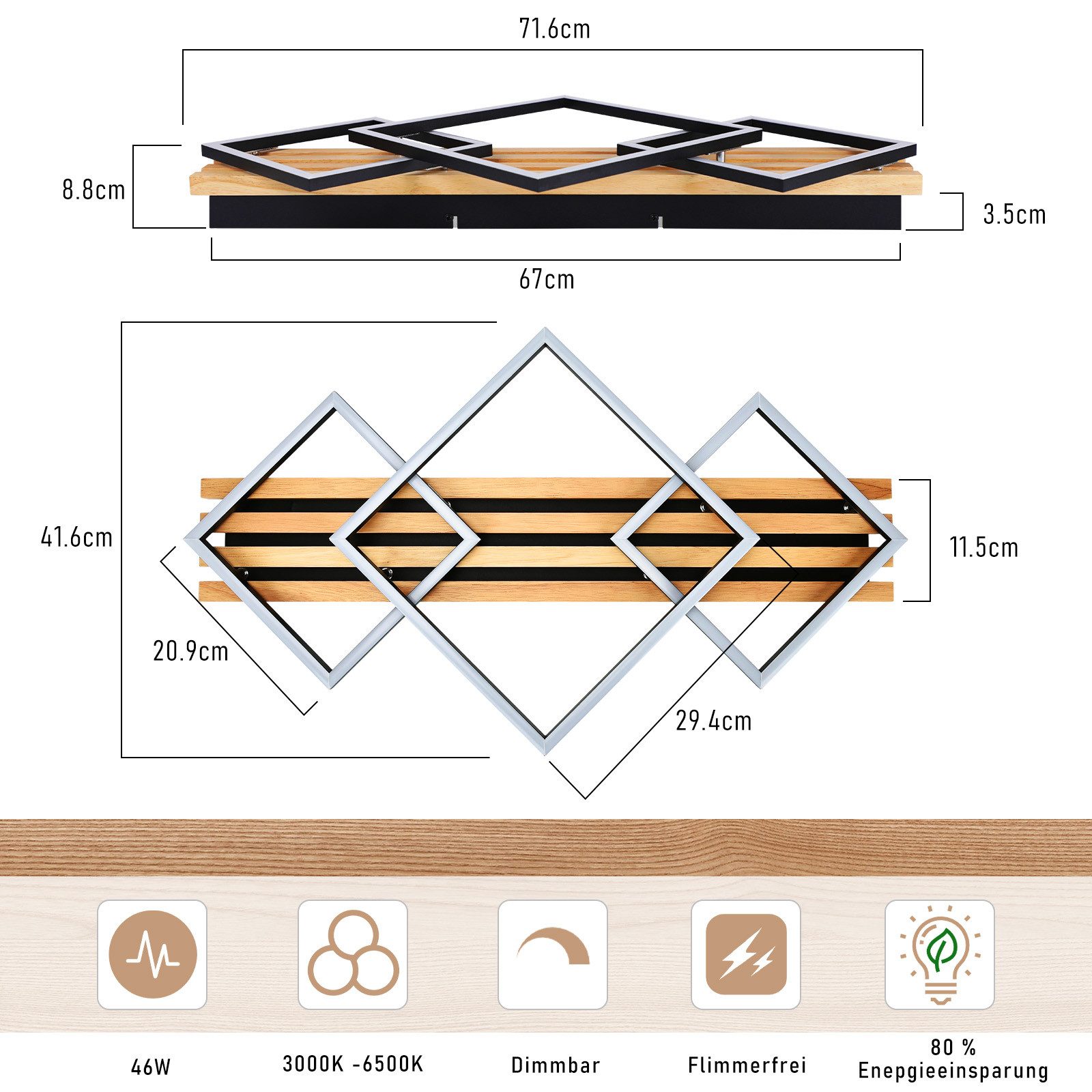 Nettlife LED Deckenleuchte Dimmbar Holz 2/3/4 Ringe Modern Deckenlampe Wohnzimmer, LED fest integriert, 46W 71.6*41.6*8.8CM für Schlafzimmer Büro Küche – Bild 4 von 5
