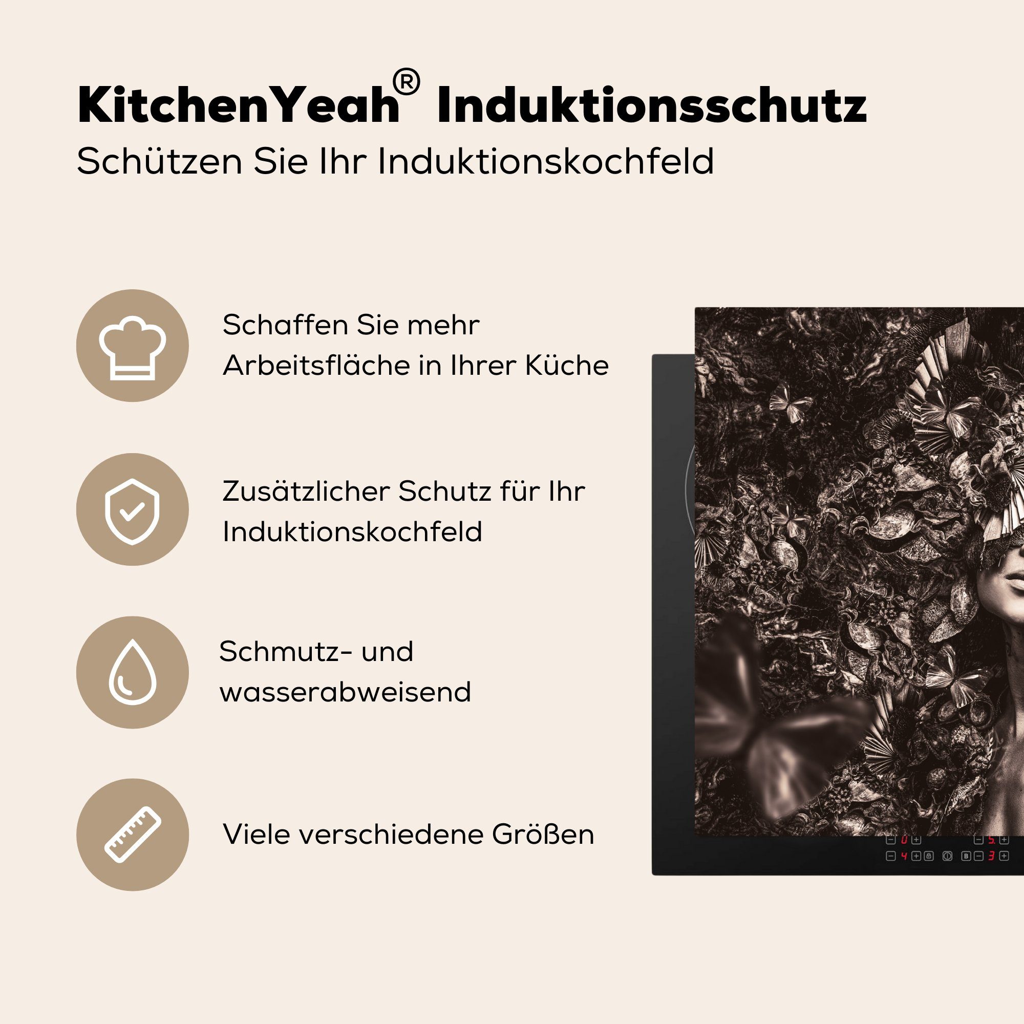 küche, Frau, - cm, Sepia tlg), Induktionskochfeld die Luxus für Herdblende-/Abdeckplatte Schutz MuchoWow Ceranfeldabdeckung (1 71x52 Vinyl, -