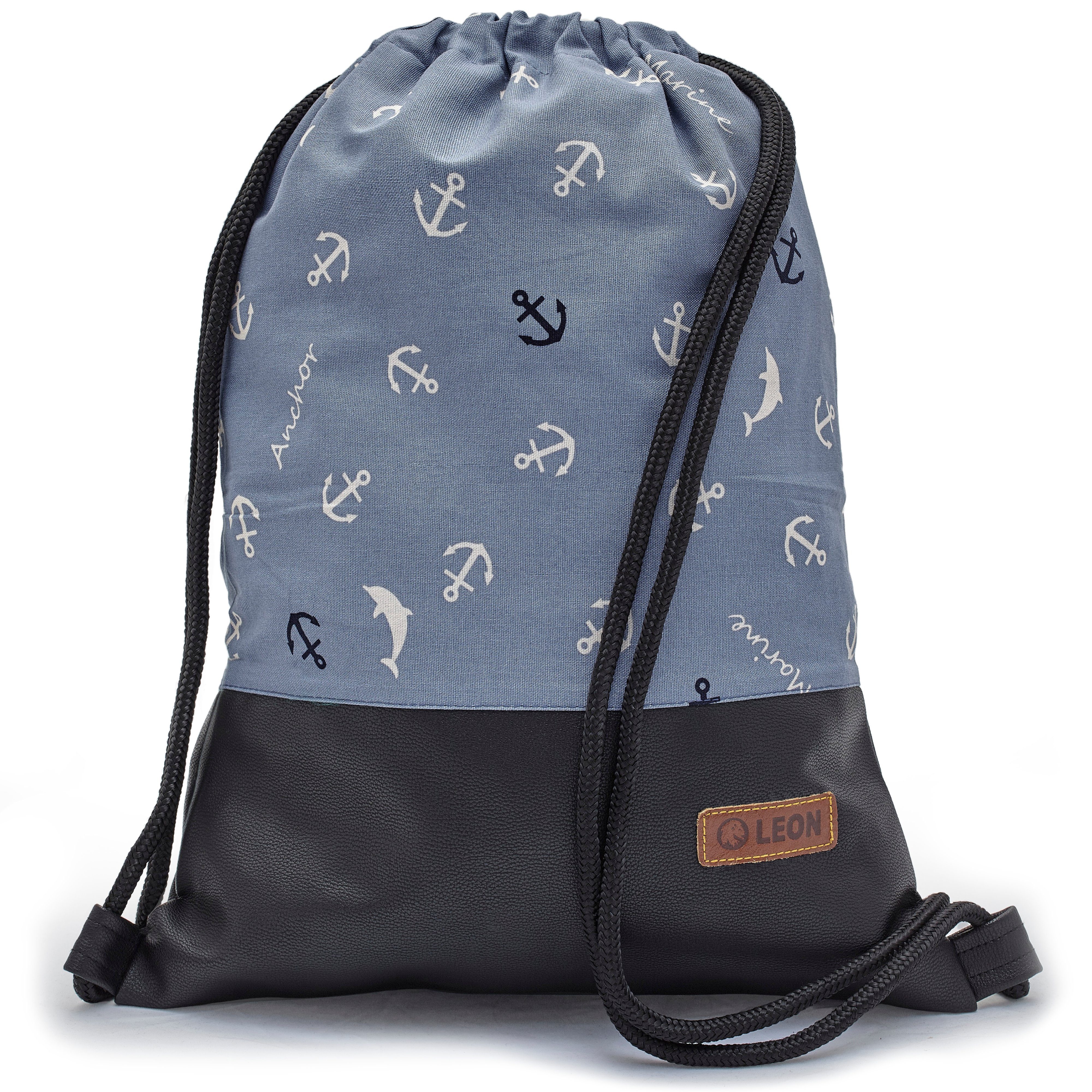 By Bers Freizeitrucksack Leon By Bers Turnbeutel (Tagesrucksack für Strand Sport Festival Freizeit Alltag Einkauf aus Baumwolle Innentasche Schlüsselband), Premium Handarbeit, reine Baumwolle MaritimPUschwarz