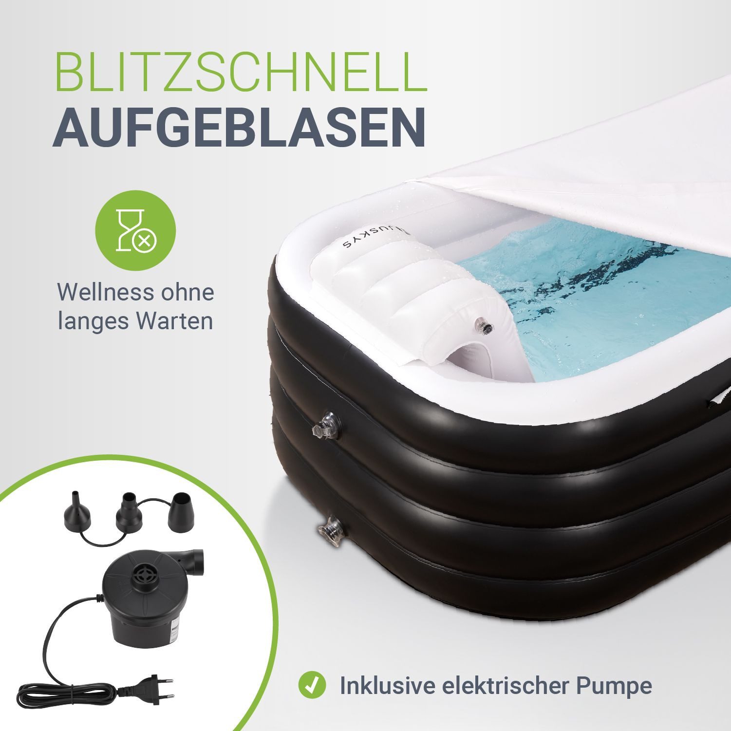 Juskys Badewanne, 300 L, aufblasbar, platzsparend, mit Rückenlehne, Pumpe und Abdeckung
