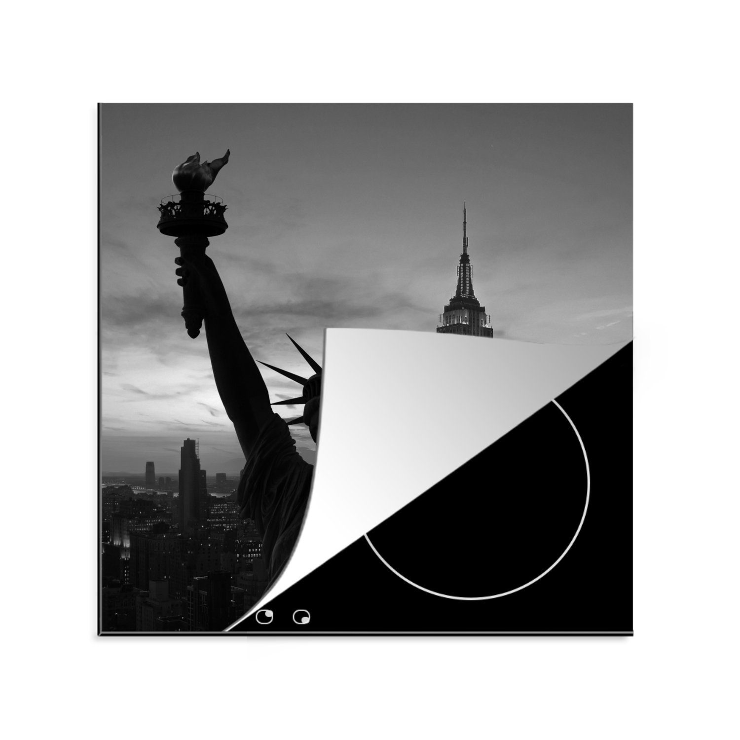 MuchoWow Herdblende-/Abdeckplatte Freiheitsstatue New York - schwarz und weiß, Vinyl, (1 tlg), 78x78 cm, Ceranfeldabdeckung, Arbeitsplatte für küche