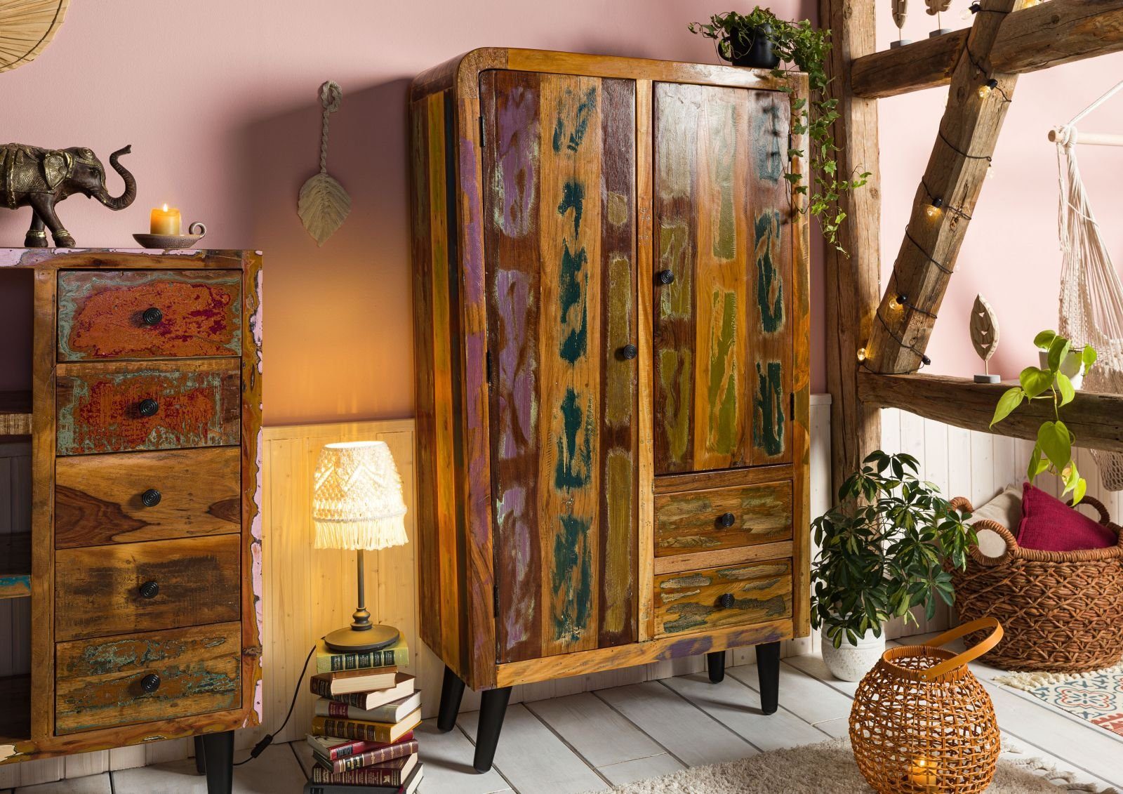 Massivmoebel24 Highboard SIXTIES (Massivholz), Highboard Altholz 90x40x160 mehrfarbig lackiert SIXTIES #109