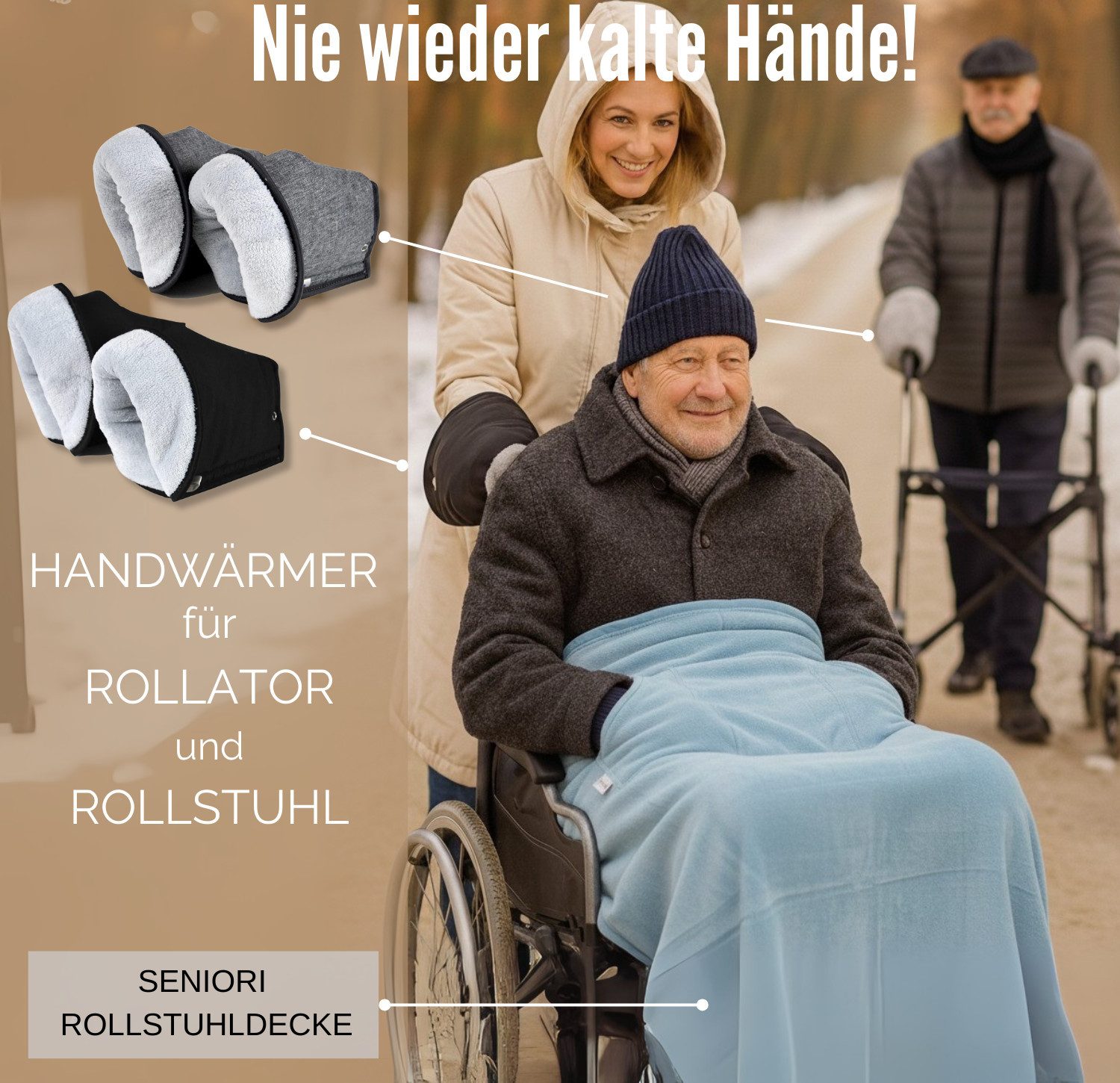 Seniori Handmuffe Rollator / Rollstuhl HANDWÄRMER Muff Handmuff Handschuhe für Gehhilfe, B - Schwarz + Grau Polar