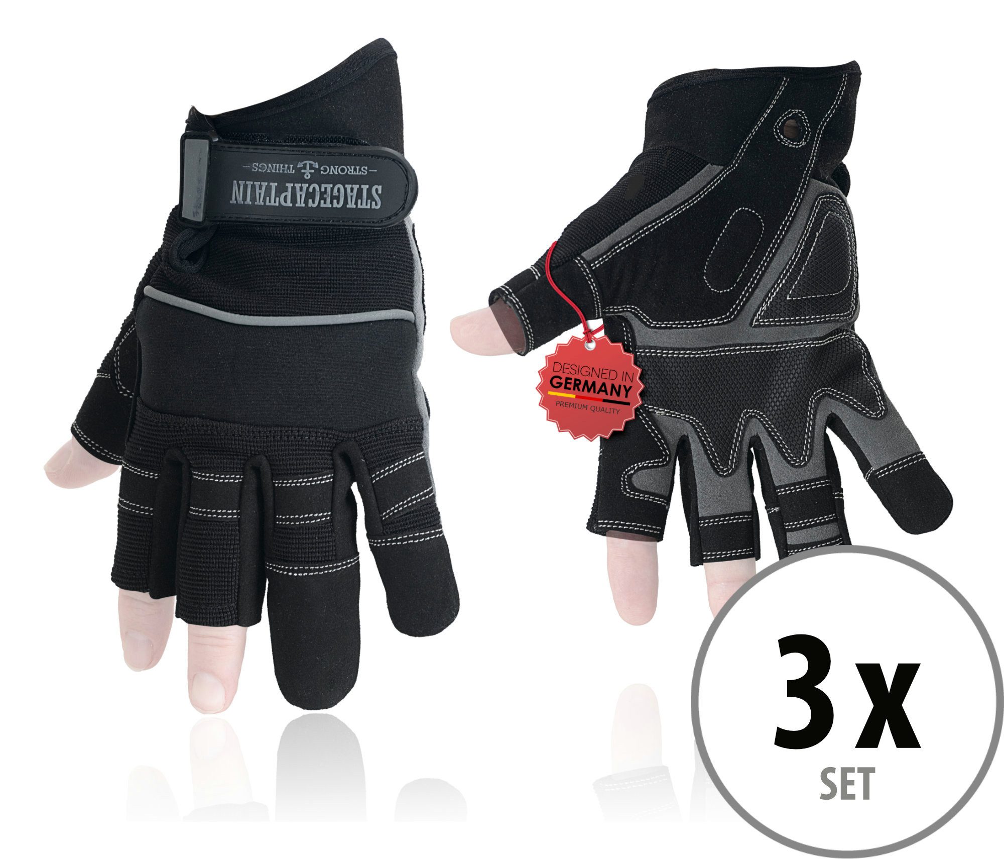 Stagecaptain Arbeitshandschuh-Set Rigger Handschuhe mit 3 kurzen Fingern - Größe M (3-St) Innenfläche aus Kunstleder