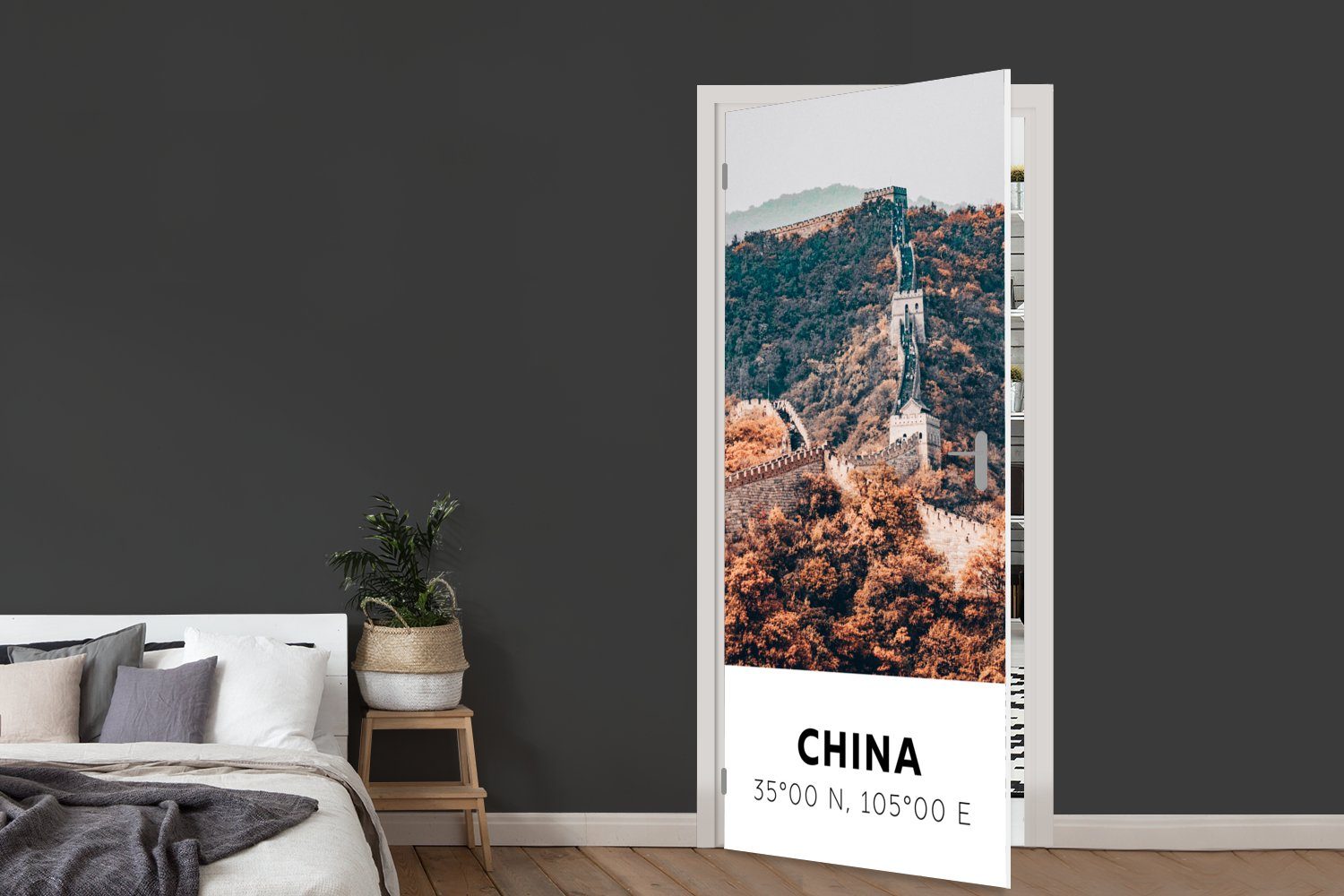 MuchoWow Türtapete China - - (1 St), Große - cm Tür, Türaufkleber, für Herbst bedruckt, Matt, Asien, Mauer 75x205 Fototapete