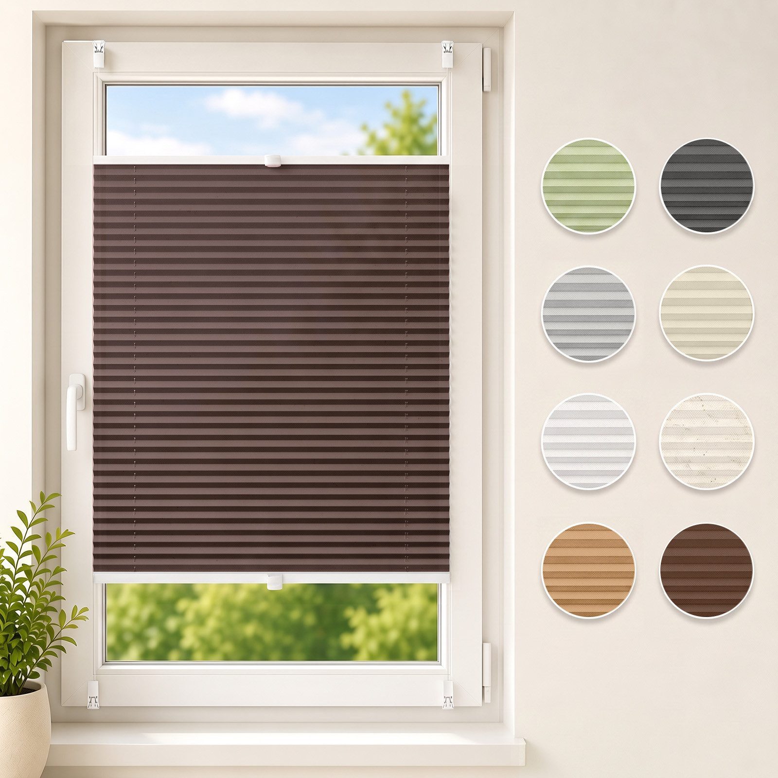 Sekey Plissee Plissee ohne Bohren Klemmfix verspannt für Fenster & Tür Lichtschutz, blickdicht, Klemmfix Montage ohne Bohren, Klemmfix, Faltenstore Klemmfix Lichtschutz und Sichtschutz 60x130cm Mokka