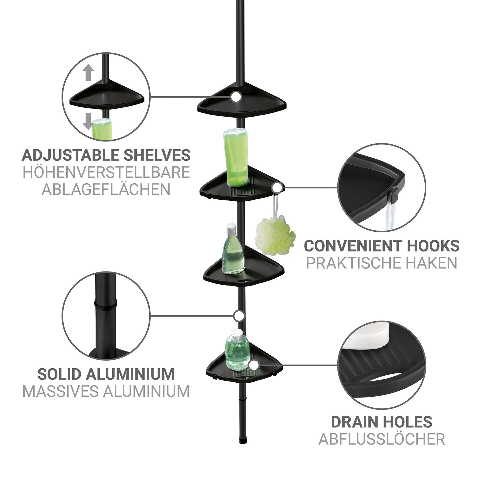 WENKO Duschregal Compact, Eckregal mit 4 Ablagen und 8 Haken, Montage ohne Bohren, Aluminium