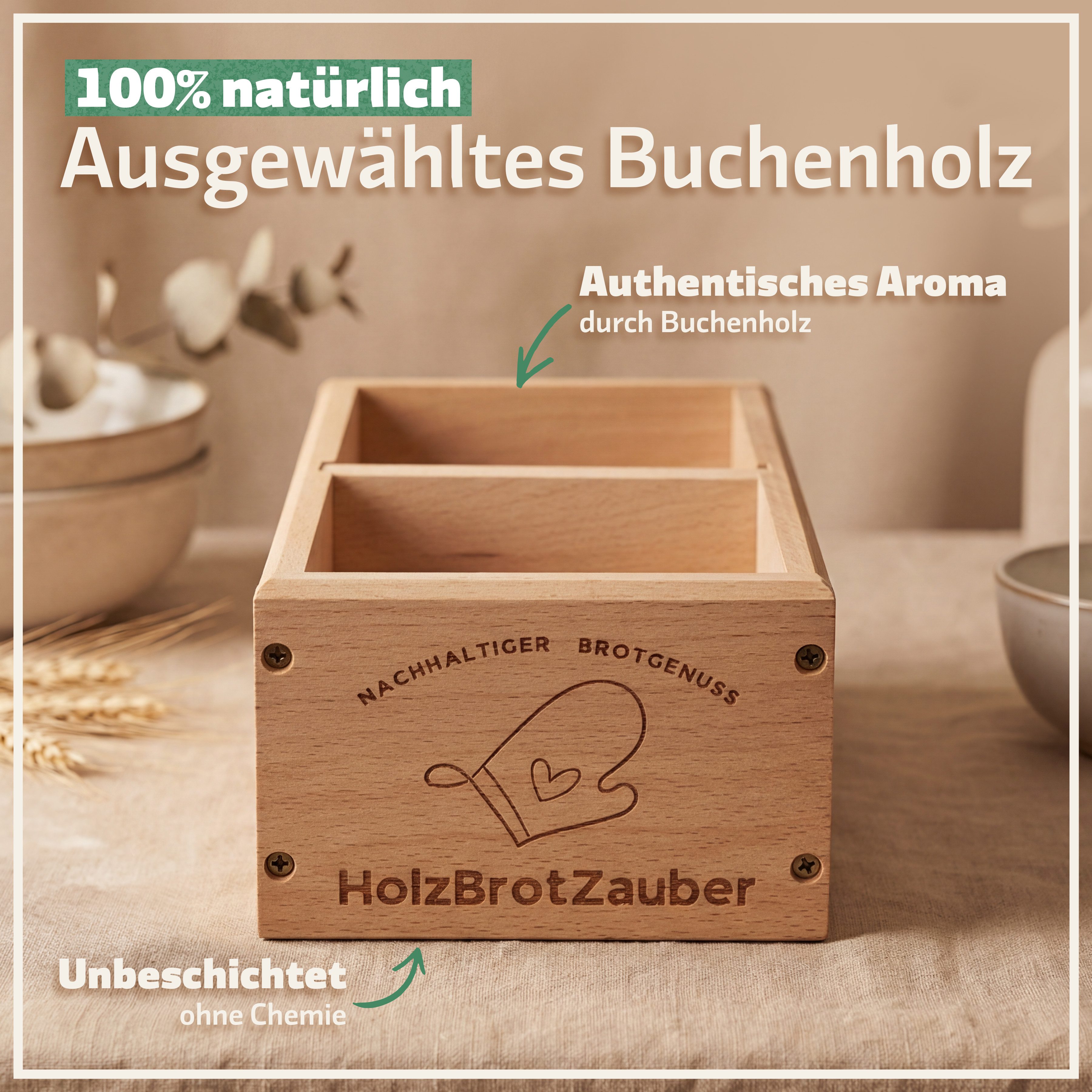 Bambuna Brotbackform HOLZBROTZAUBER - 30cm Premium Holzbrot Backform aus Buchenholz, (Brotbackrahmen für 1,5kg Brot mit integriertem Trennsteg), Perfekte Kruste & E-Book mit Brotbackrezepten