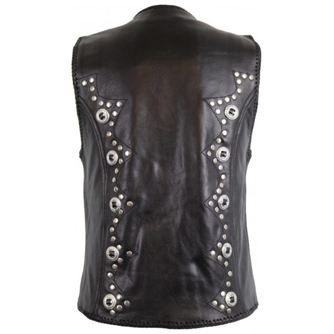 MDM Motorradweste Damen Lederweste Schwarz Bikerstil mit Nieten Conchos Schnallen