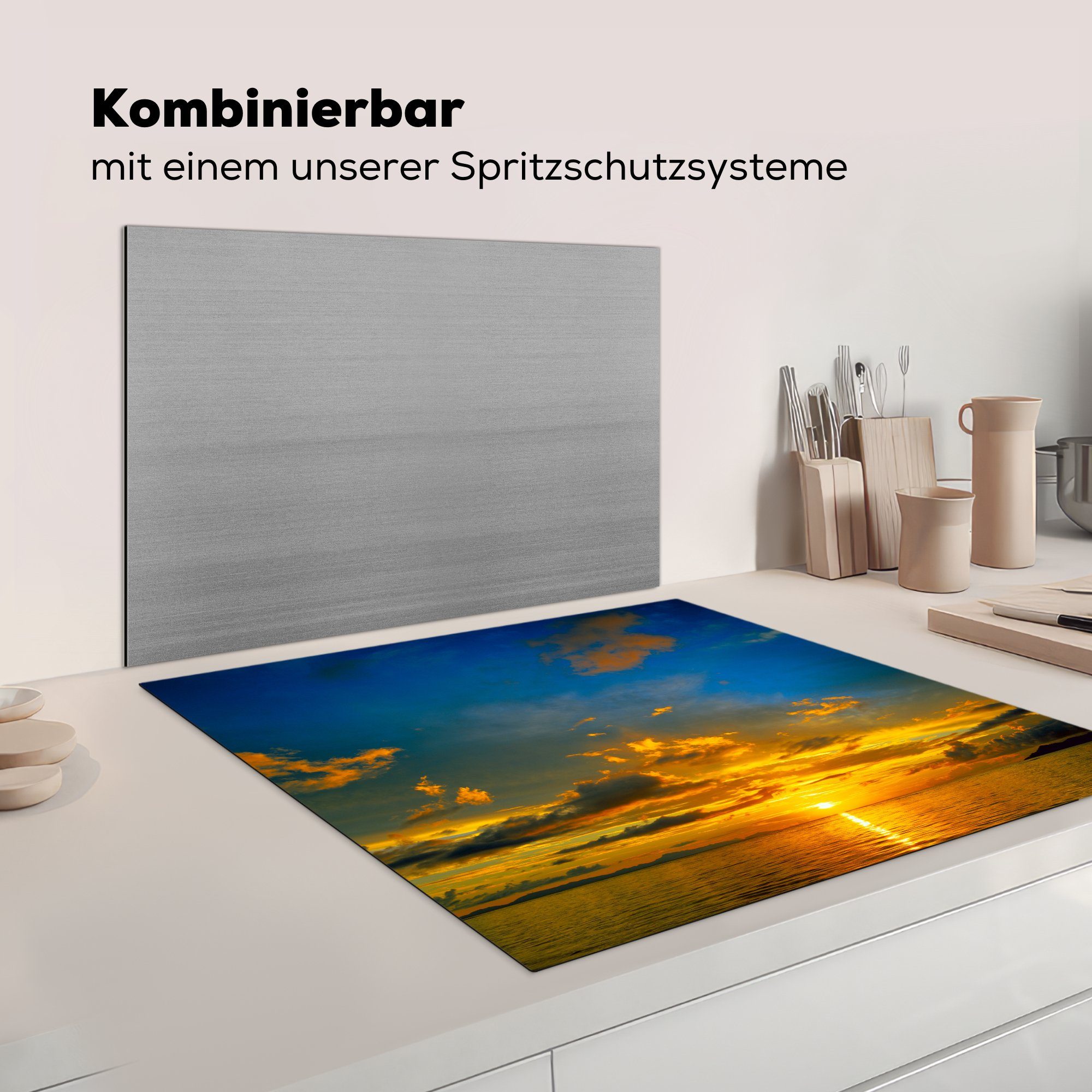 Oranger 78x78 cm, Herdblende-/Abdeckplatte MuchoWow blauem Himmel, mit tlg), Sonnenuntergang Vinyl, Ceranfeldabdeckung, (1 Arbeitsplatte für küche