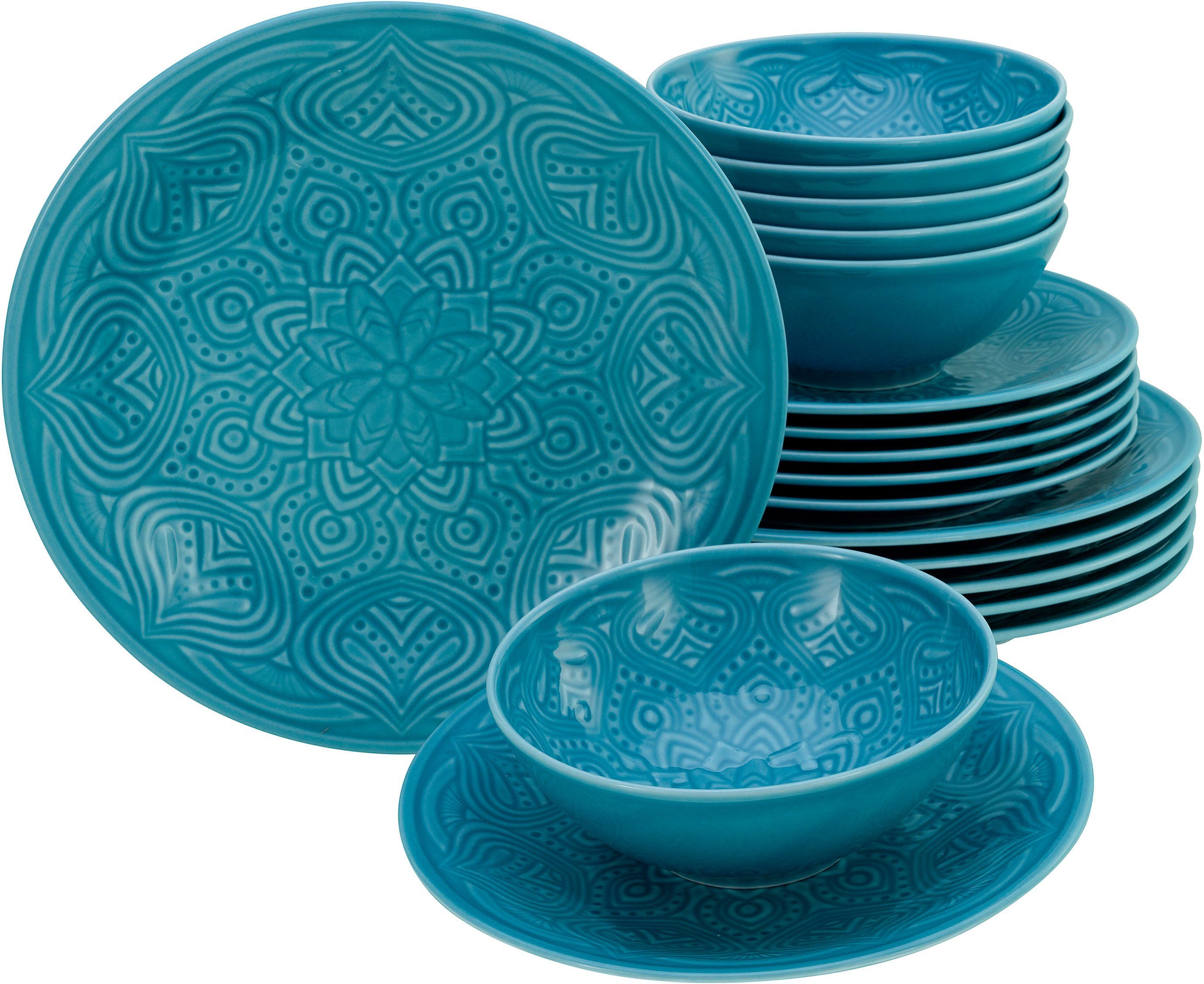 CreaTable Teller-Set Orient Mandala (18-tlg), 6 Personen, Porzellan, Speiseteller, Dessertteller und Schalen im Set