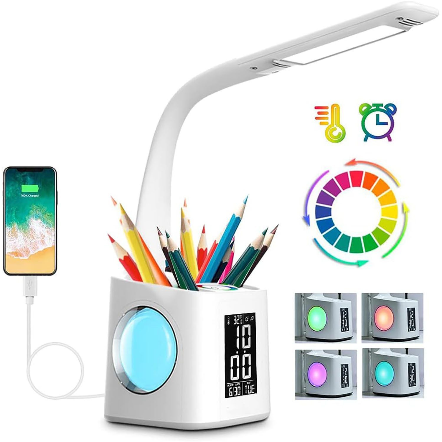 feinlux Schreibtischlampe Nachttischlampe Tischlampe Leuchte mit Akku Stifthalter, LED fest integriert, Warmlicht, mit LCD-Bildschirm, Uhr, Kalender, Wecker, Temperatur.