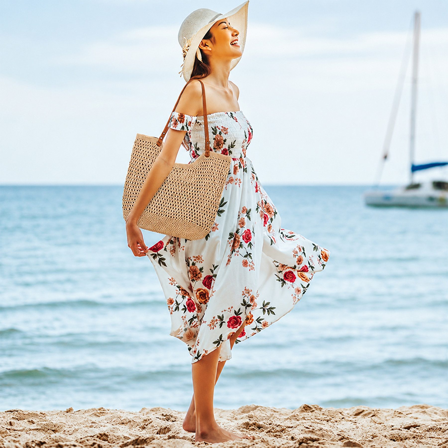 Mutig Strandtasche Sommer Strandtasche Damen Boho Häkeltasche Strand Mesh Tragetasche (Strohtasche Beach Handtasche Leicht Umhängetasche Vintage Sommertasche, Einkaufstasche Lässige, Reisetaschen Tasche, faltbar Hobo Taschen), für Reisen Einkaufen, Urlaub, Pendeln Strand Pool Fitnessstudio