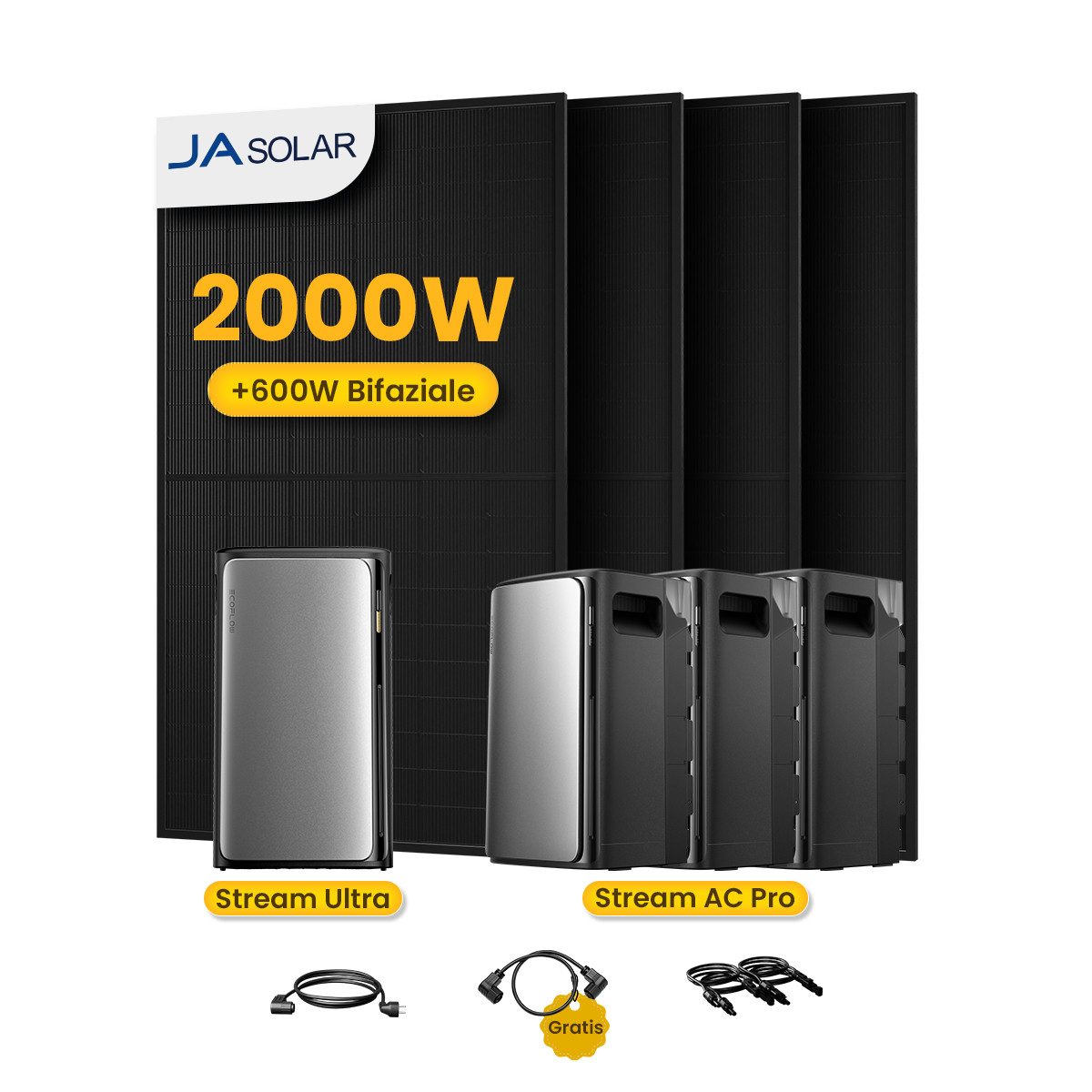 Ecoflow Balkonkraftwerk 2000W EcoFlow Stream Ultra All-in-One Speicher mit AC Pro Zusatzsakkus, (4x JaSolar Full Black Glas-Glas 500W im Lieferumfang enthalten), 2000 W Solareingang (4 MPPTs) mit integriertem Mikro-Wechselrichter
