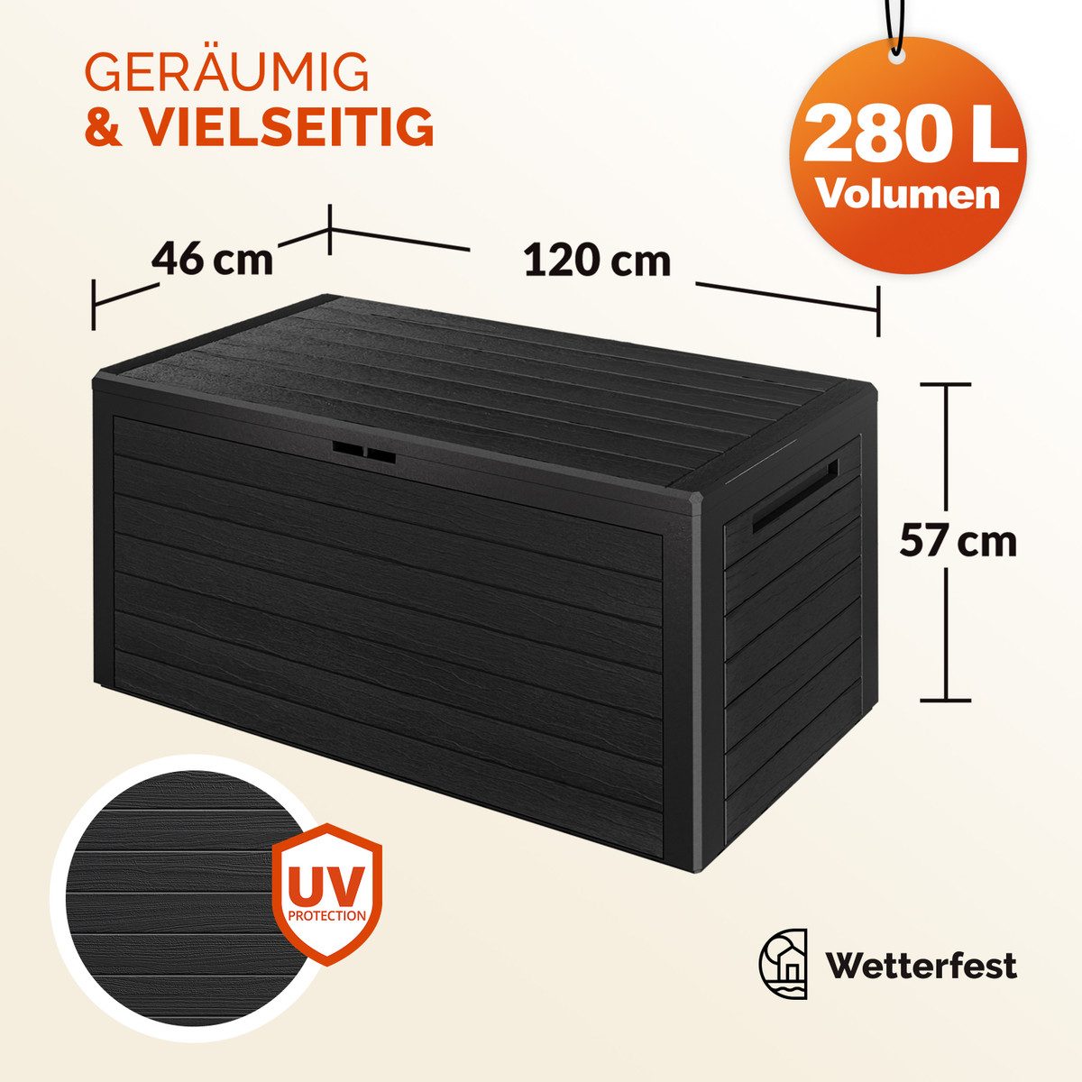 Casaria Auflagenbox Woody, 280L UV-stabil Griffmulden Verschließbar Balkon Holz-Optik Anthrazit