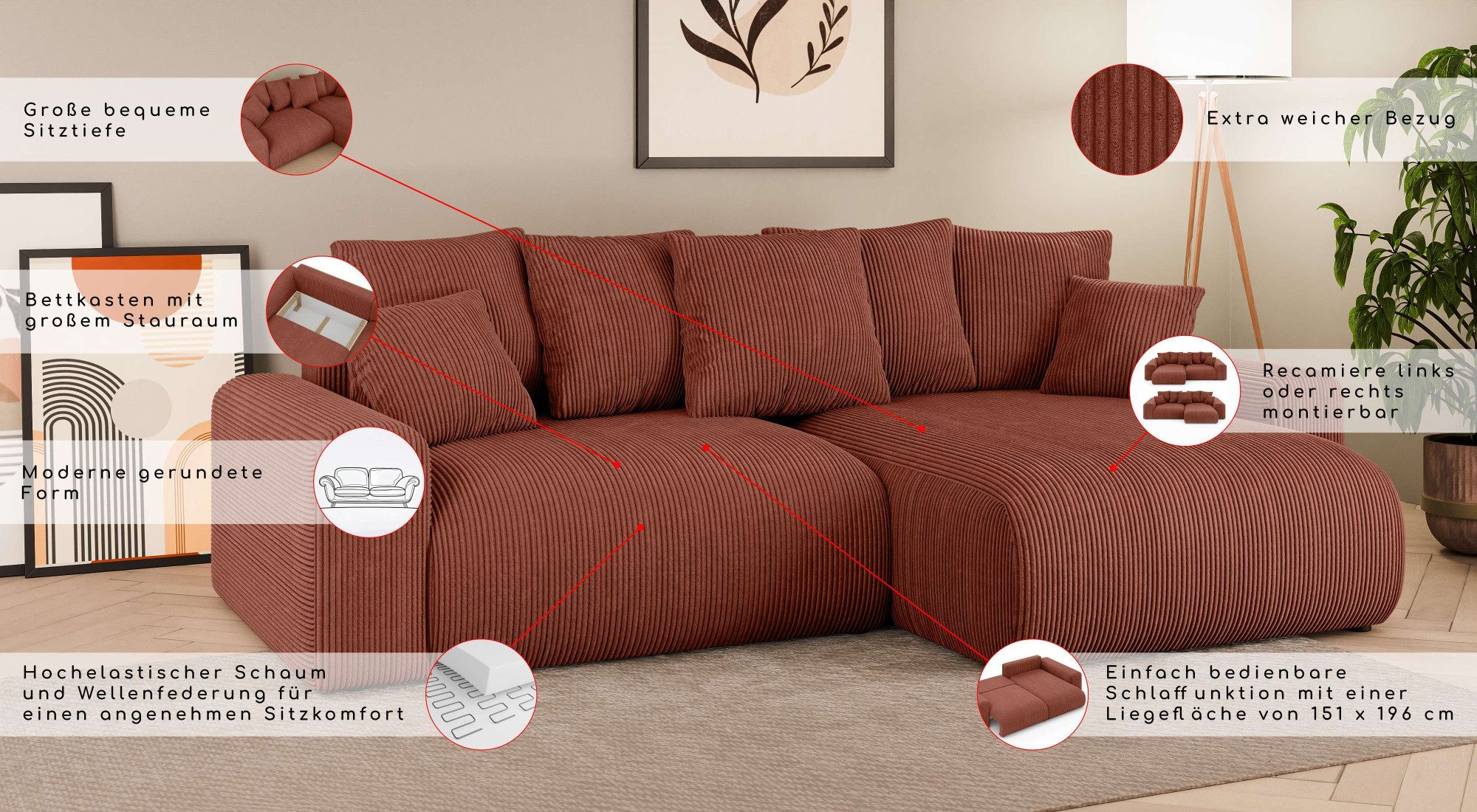 Home affaire Ecksofa LAKESIDE klein mit Bettfunktion und Bettkasten, B/T/H 235/142/84 cm, L-Form, Recamiere beidseitig montierbar, mit Wellenunterfederung