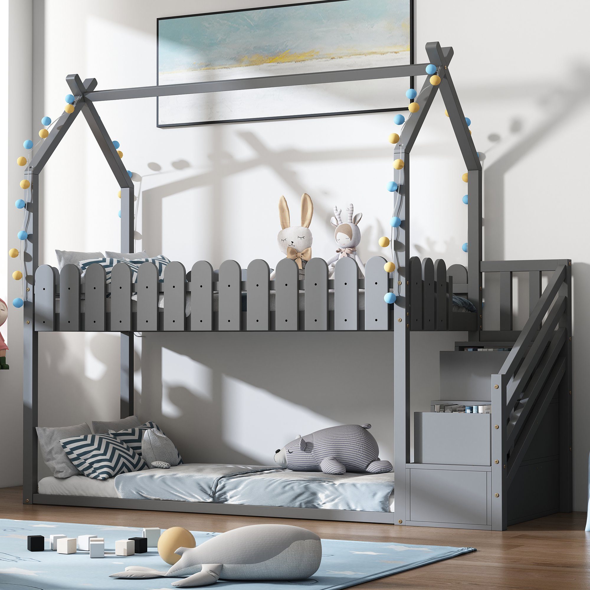 Etagenbett (Hochbett 90x200 mit zwei Schubladen), Kinderbett Hausbett mit Treppe, Rausfallschutz und Lattenrost, Kiefer