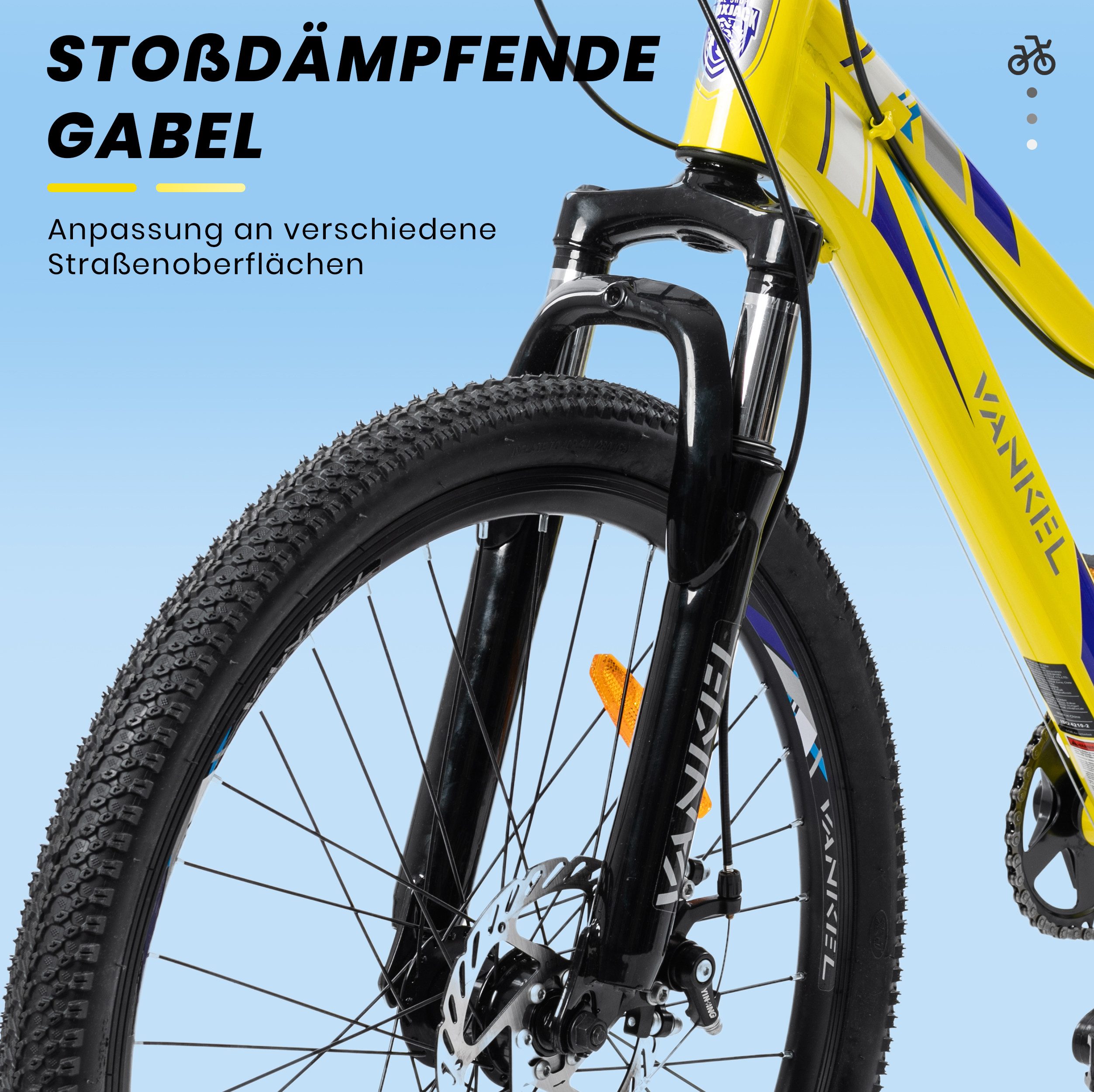Vankel Mountainbike 24 Zoll, Kinder MTB, 6-Gang, Scheibenbremsen, tiefer Einstieg, 6 Gang RD-V4006-M Schaltwerk, Kettenschaltung, Federgabel, Drehgriff, leicht kontrollierbar, Alltag, Freizeit