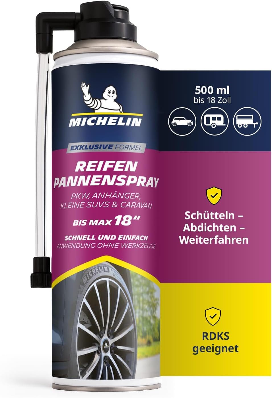 Michelin Reifendruckkontrollsystem Reifenpannenspray Dose Reifen Dicht Pannen Spray 500 ml PKW bis 245 mm