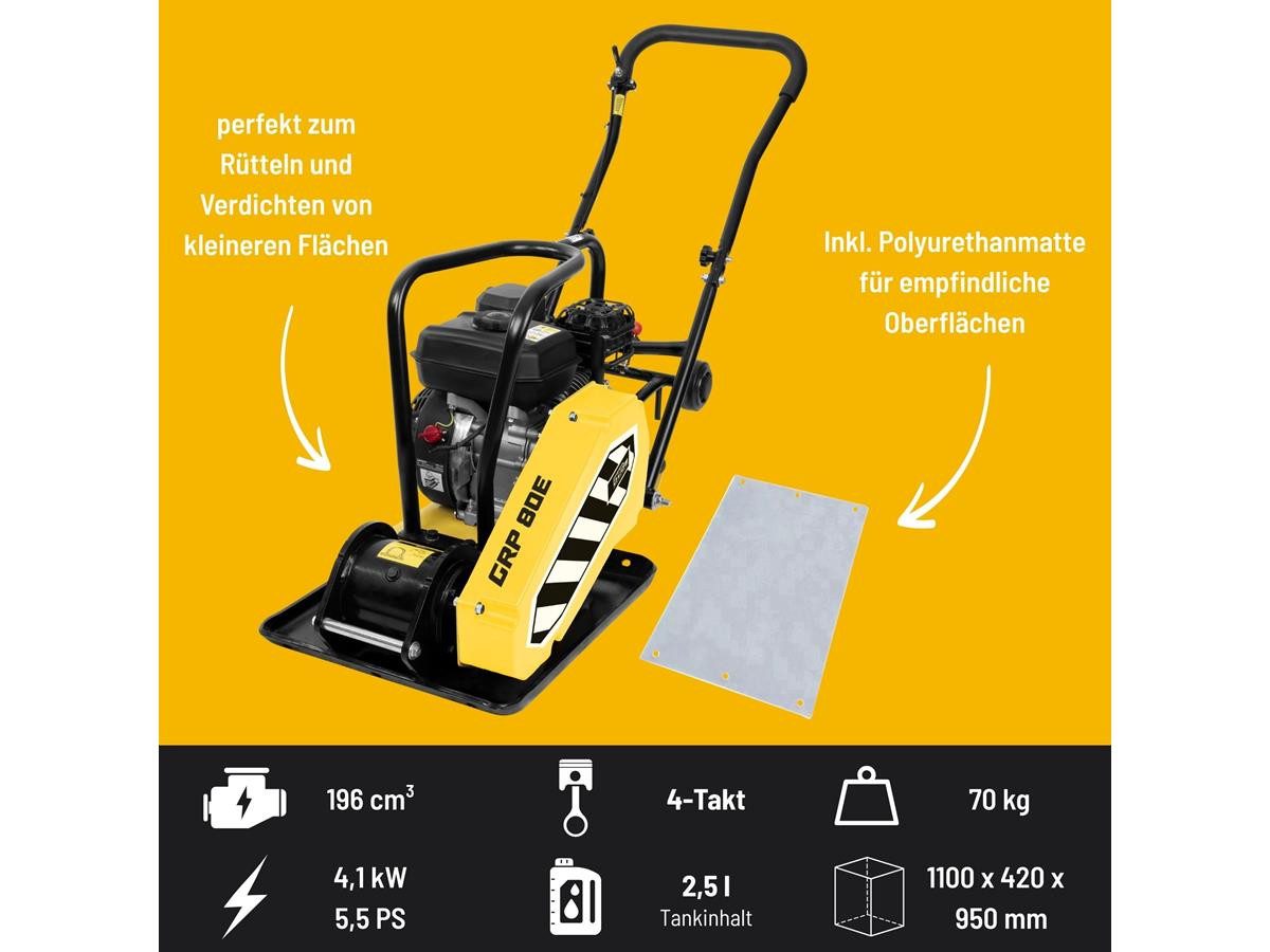 Güde Rüttelplatte GRP 80E, max. 5000 vpm, (LxB) 52x42 cm, Verdichter 5,5PS, 14kN, Fahrwerk