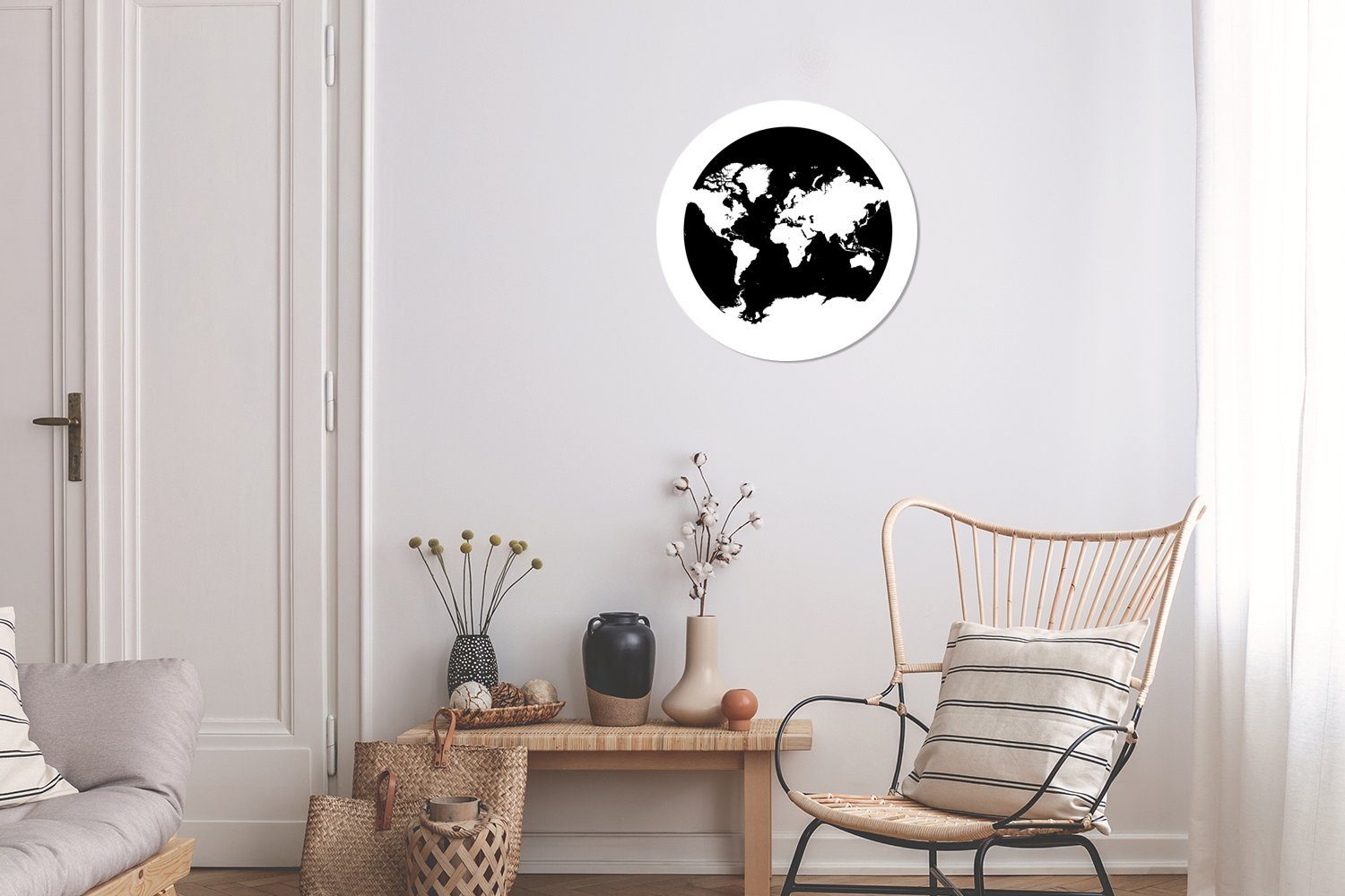 cm St), MuchoWow - 30x30 Wanddekoration - weiß, Kreis Wandbild, Wohnzimmer, (1 Gemälde Schwarz Kreis und Weltkarte Forex, Rundes