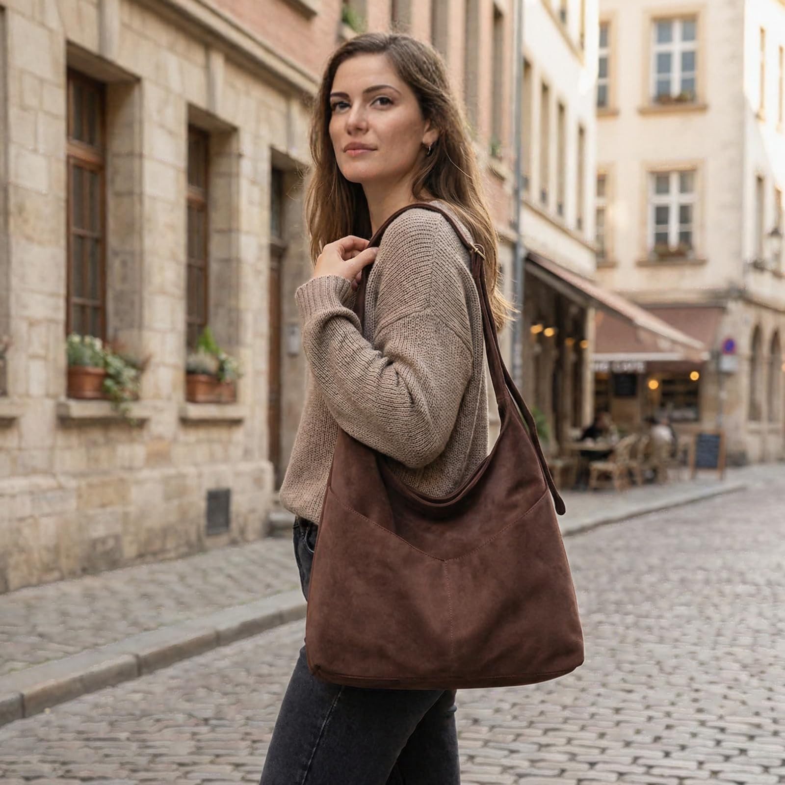 Oemmn Schultertasche große Damen Wildleder Tasche mit Reißverschluss & verstellbarem Gurt, Handtasche Damen aus weichem veganem Leder mit Fächern – Bild 3 von 5