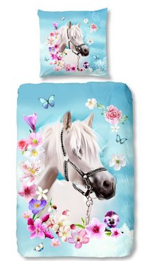 Bettwäsche weißes Pferd Horses Blume pink blau hellblau, soma, Baumolle, 2 teilig, Bettbezug Kopfkissenbezug Set kuschelig weich hochwertig