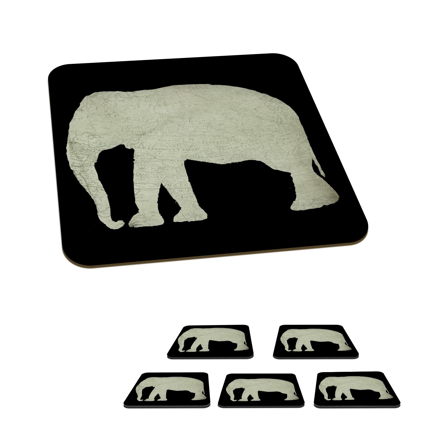 MuchoWow Glasuntersetzer Elefant - Karte für - Zubehör Glasuntersetzer, Gläser, Korkuntersetzer, Tischuntersetzer, 6-tlg., Vintage, Tasse Untersetzer