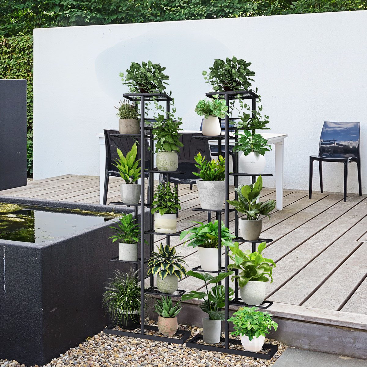 Simloveve 9-Tier Metal Plant Stand/Plant Shelf (Indoor/Outdoor), Dark Grey, 145cm High, for Garden or Balcony