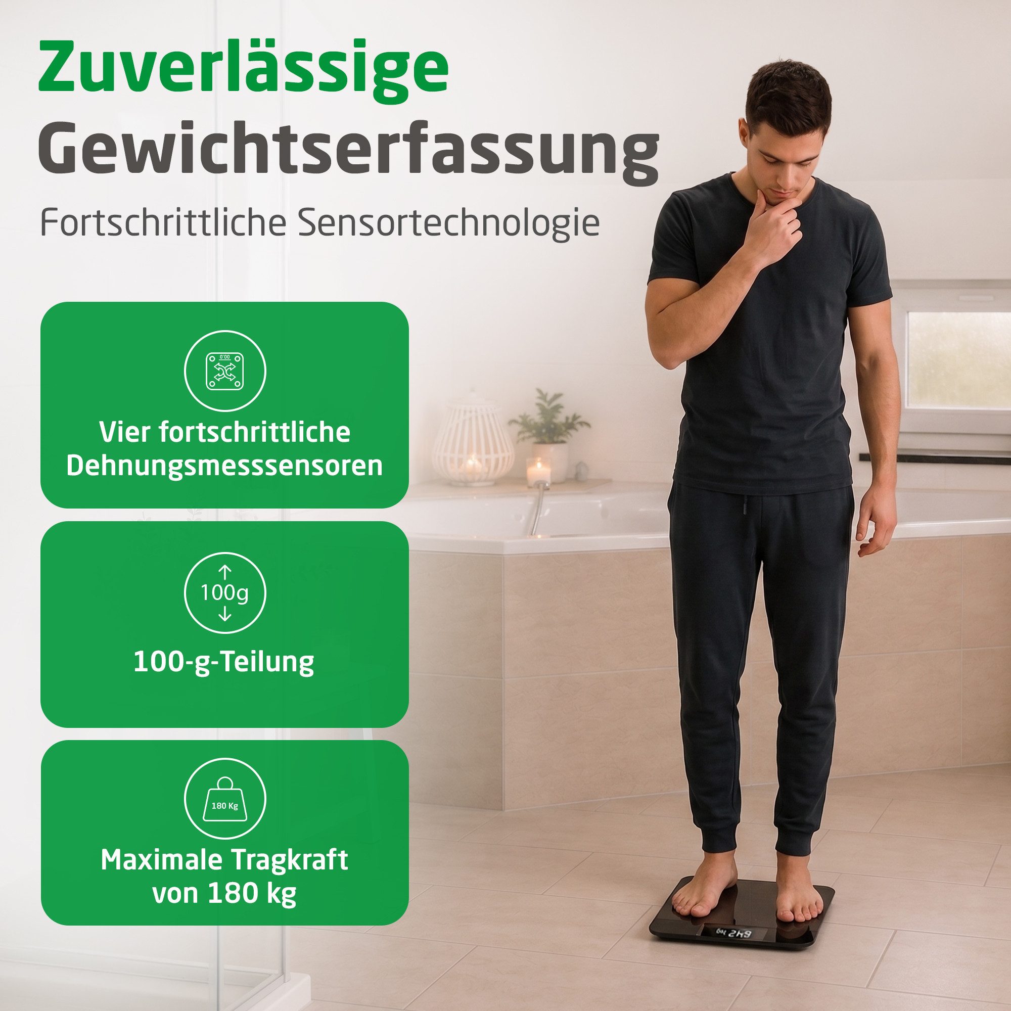 medisana Personenwaage PS 520, aus 5 mm Sicherheitsglas und mit Wandprojektionsanzeige, Tragkraft bis 180 kg, großes LCD-Display, Dehnungsmesssensoren – Bild 5 von 5