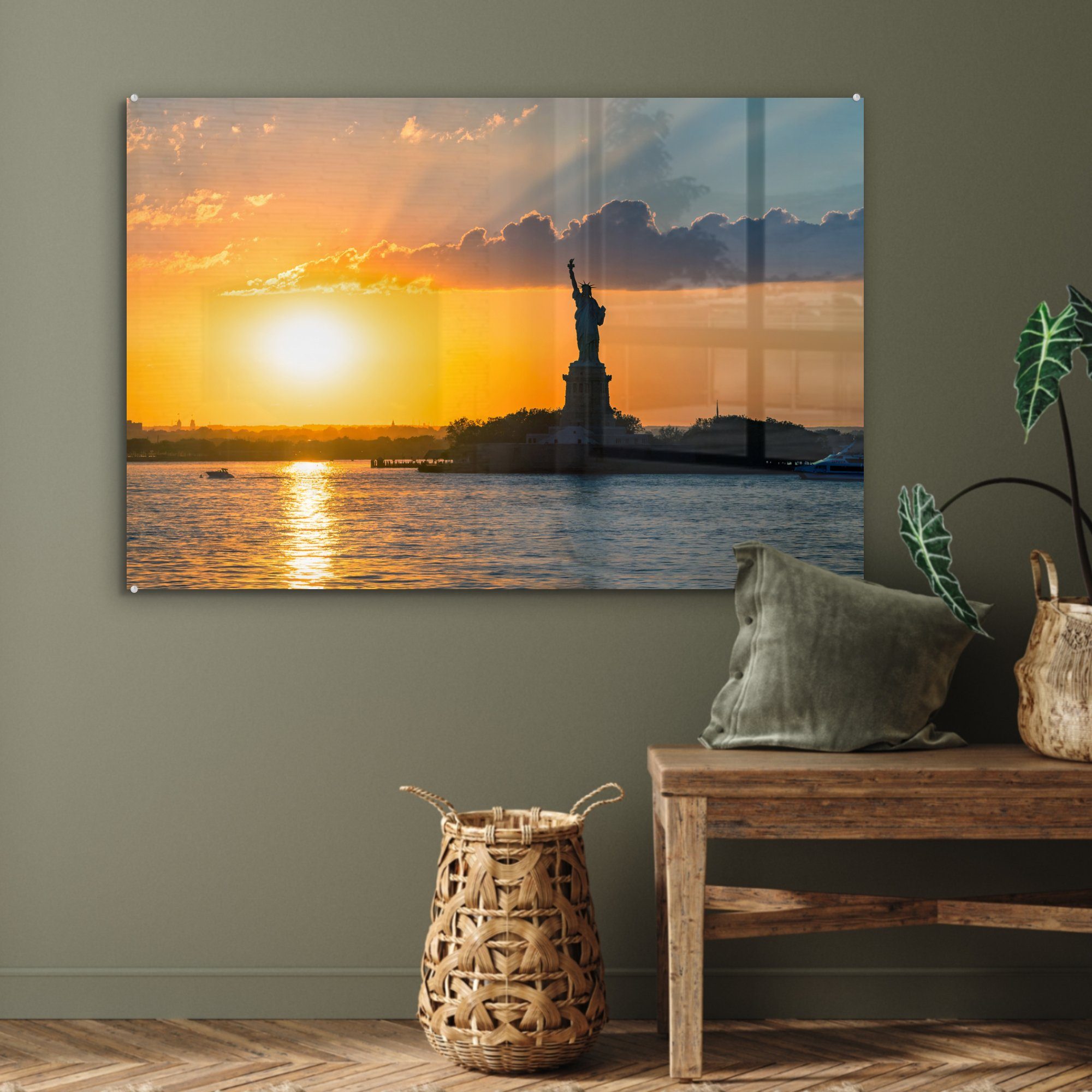 & River Freiheitsstatue Wohnzimmer New und bei Hudson Schlafzimmer St), in Acrylglasbild Sonnenuntergang, (1 MuchoWow Acrylglasbilder York