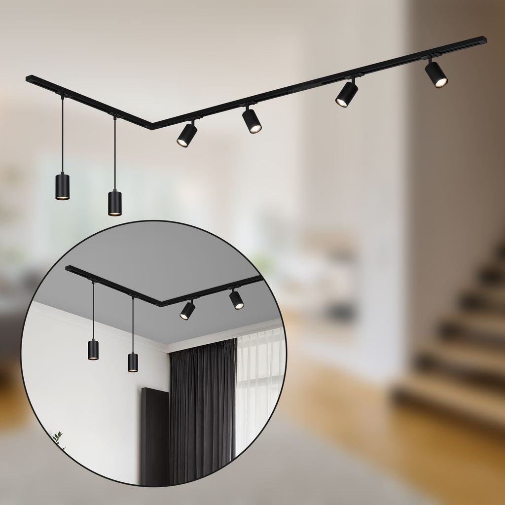 Briloner Leuchten LED Pendelleuchte 8014065B, LED wechselbar, 2700K - Extra-Warmweiß, Schienensystem Rail 2,25 m Schwarz max.9W Decke Wohnzimmer Büro Küche