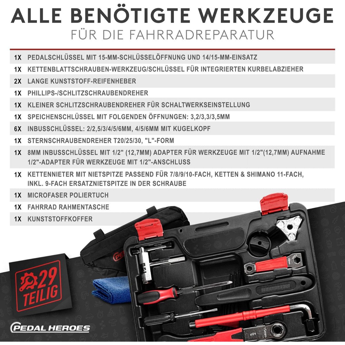 Pedal Heroes Fahrrad-Reparaturset Fahrrad Werkzeug Set 29 Teile mit Koffer, Rahmentasche und Poliertuch, 29-St.