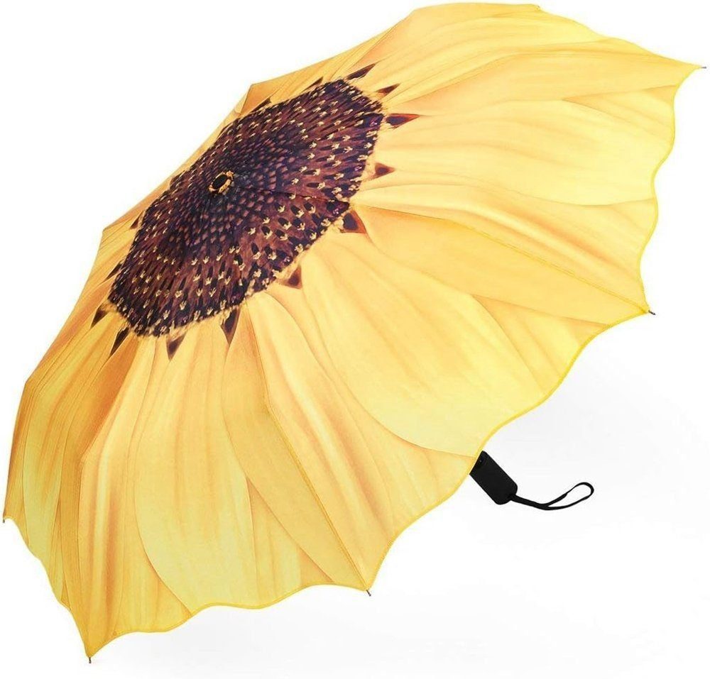 Fivejoy Taschenregenschirm Vollautomatisch dreifach faltbarer Regenschirm Sonnenblume Regenschirm, Regen-, Schnee- und UV-Schutz