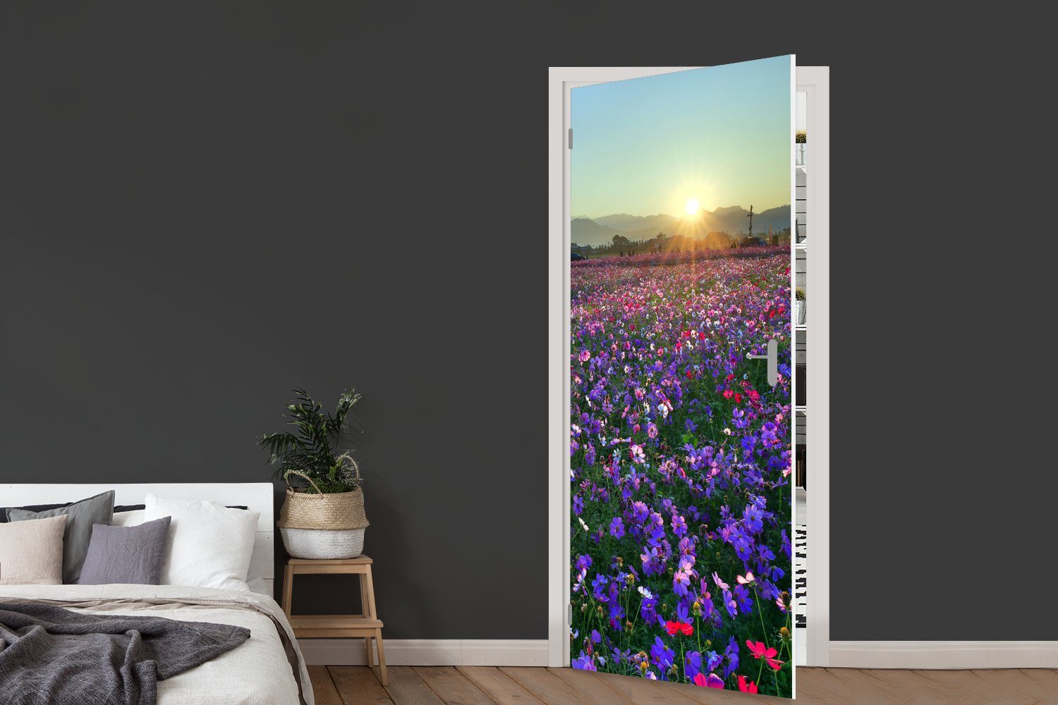 Türaufkleber, Türtapete St), Tür, Blumen bedruckt, Fototapete - für Sonnenuntergang, MuchoWow (1 cm Matt, Lila - 75x205