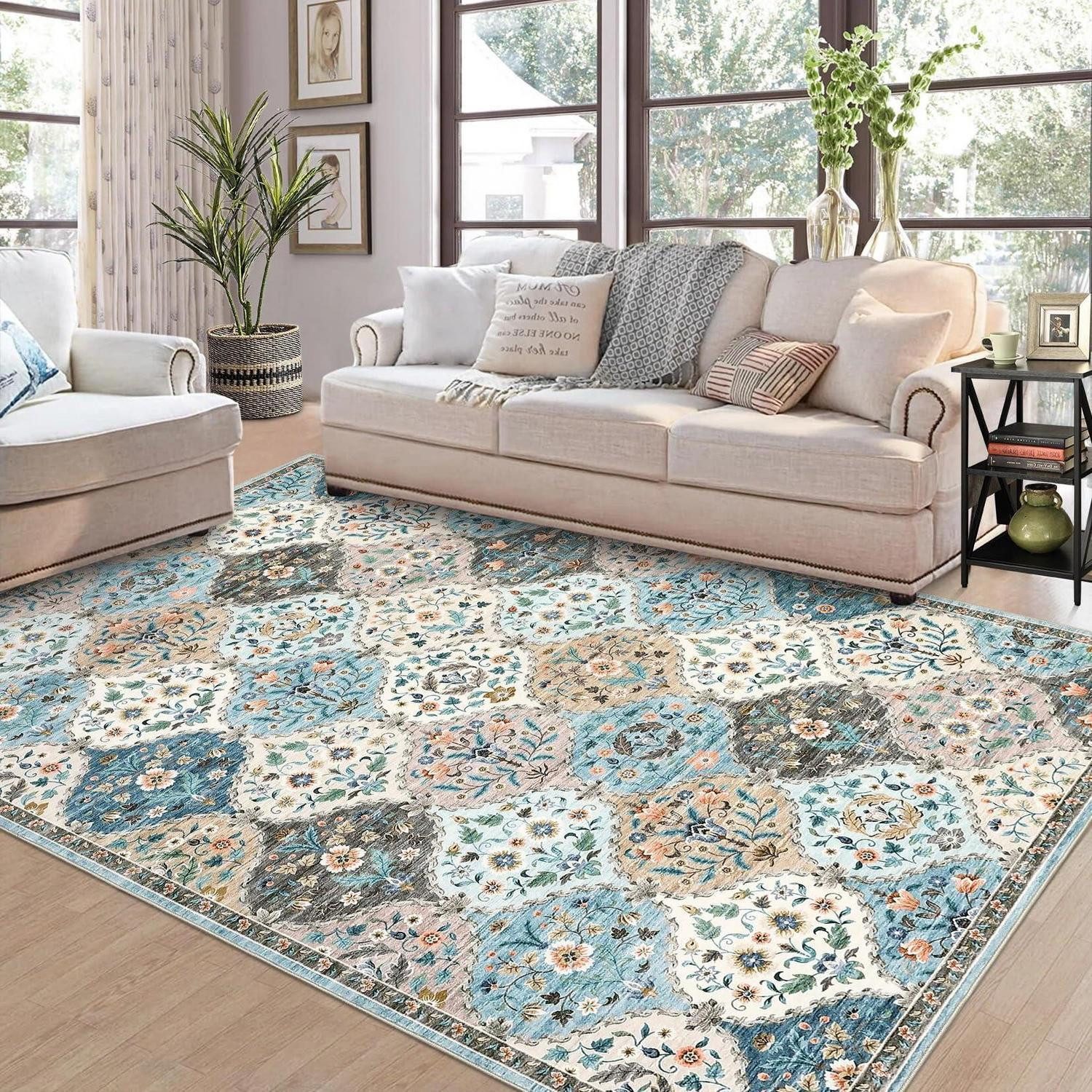 LuxusKollektion Designteppich Waschbarer Vintage Teppich 120x170 cm Blumen Blau Camel, rechteckig, Höhe: 6 mm