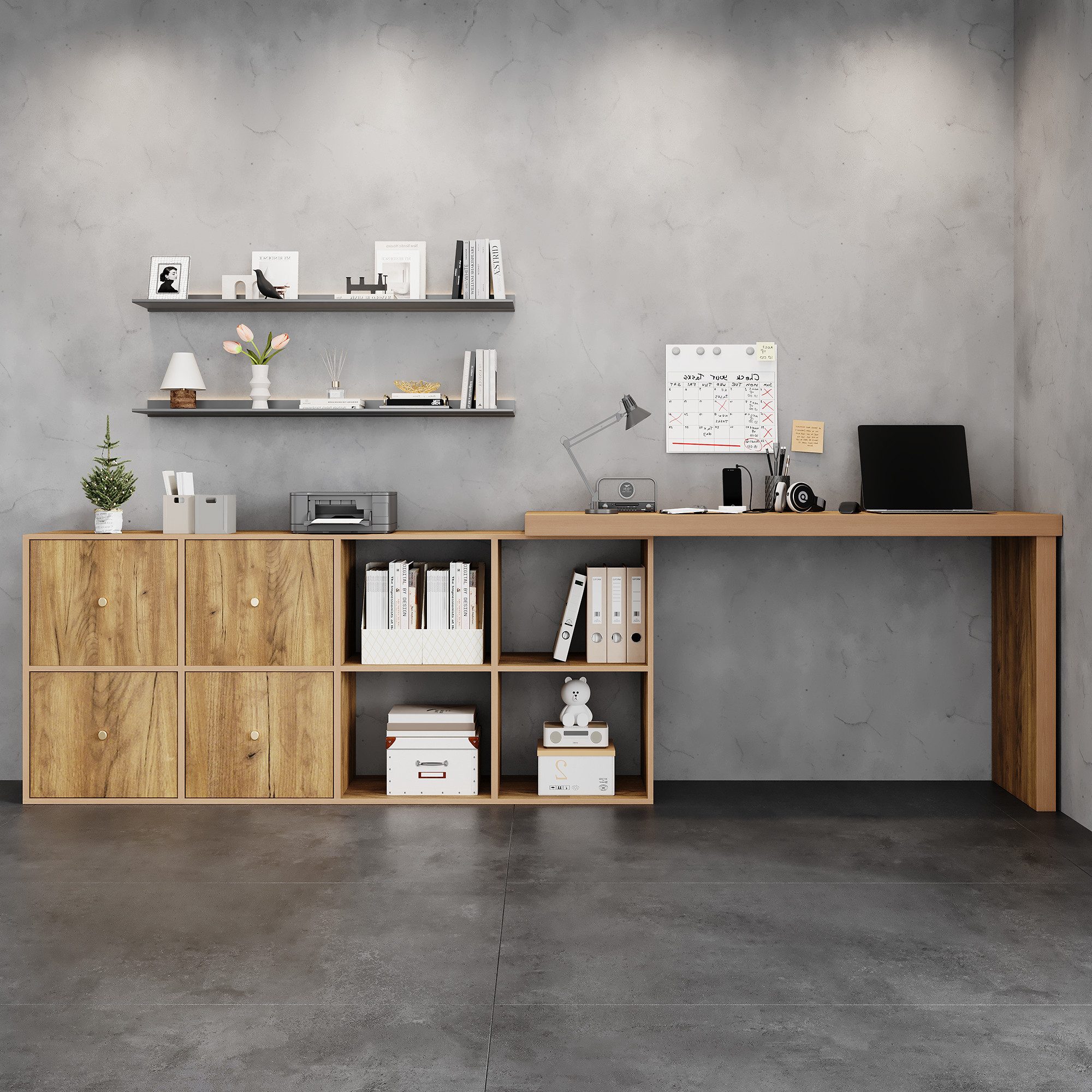 Flieks Schreibtisch 360° drehbar Bürotisch mit 4 Schubladen und 4 Fächern (Tischlänge 120xT48xH78 cm/Schranklänge 140xT35 cm, 2-St., 1 Tisch schwenkbar), Comput – Bild 2 von 5