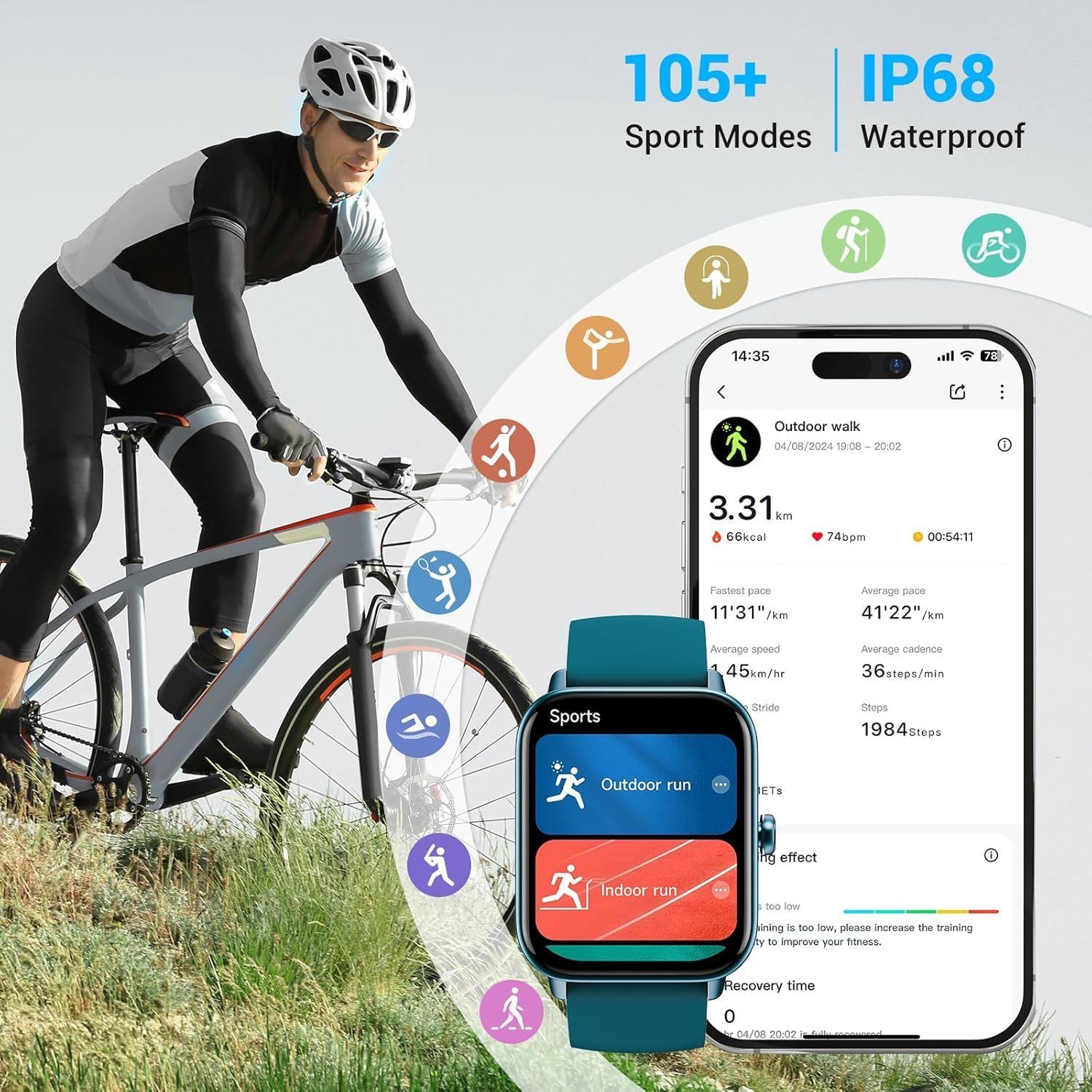 Fitpolo IDW19 Smartwatch (4,5 cm, android ios), Smartwatch mit 1.8" HD Display, Bluetooth Telefonie und 110+