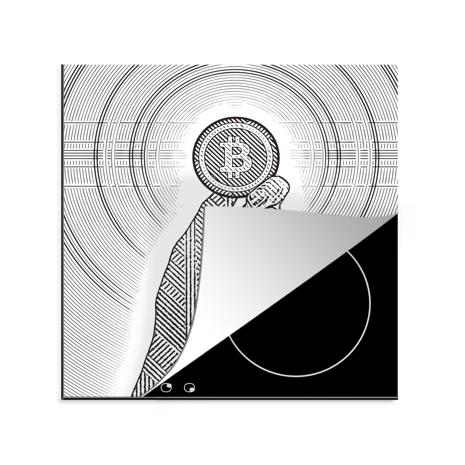 MuchoWow Herdblende-/Abdeckplatte Gravur-Illustration einer Hand mit einer Bitcoin, Vinyl, (1 tlg), 78x78 cm, Ceranfeldabdeckung, Arbeitsplatte für küche