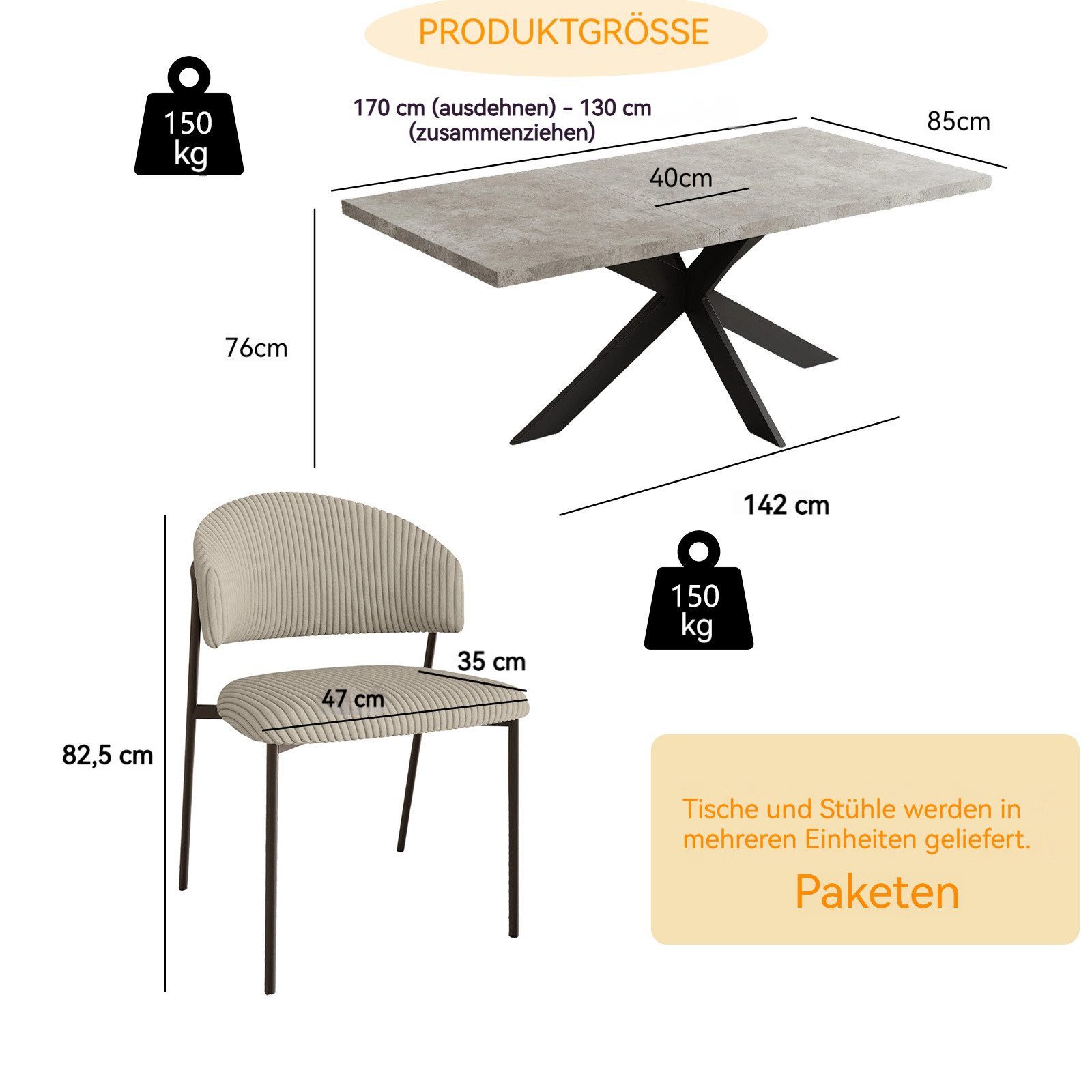 Jiexi Esstisch Tisch-und Stuhlset, Ausziehbarer Esstisch (130–170 cm) mit 4-6 Stühlen, ausziehbarer, hohe Härte, für 6 Personen