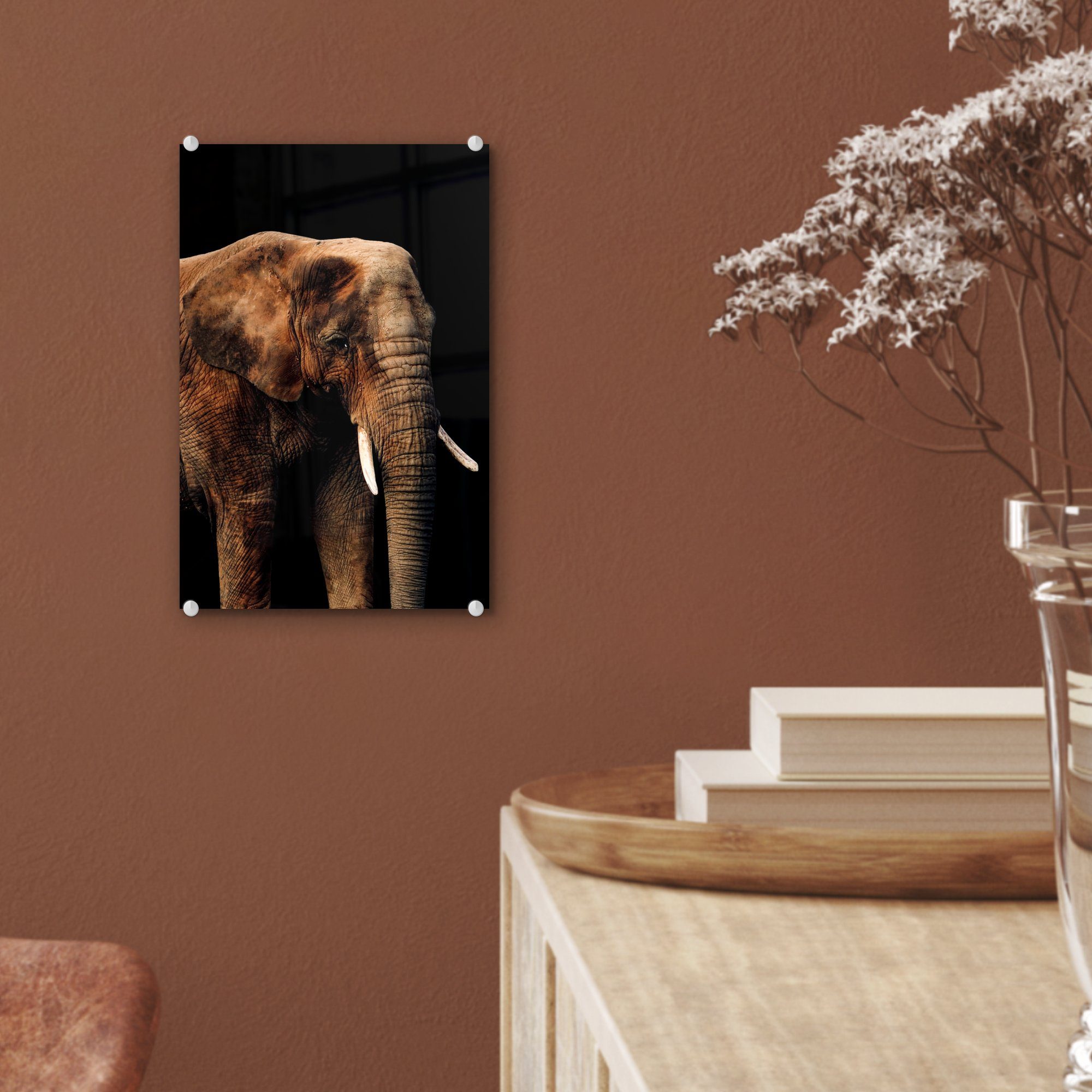 auf - Elefant Glasbilder bunt - - St), Acrylglasbild auf Schwarz Terrakotta, Foto (1 Glas Glas - MuchoWow Wandbild Wanddekoration Bilder -