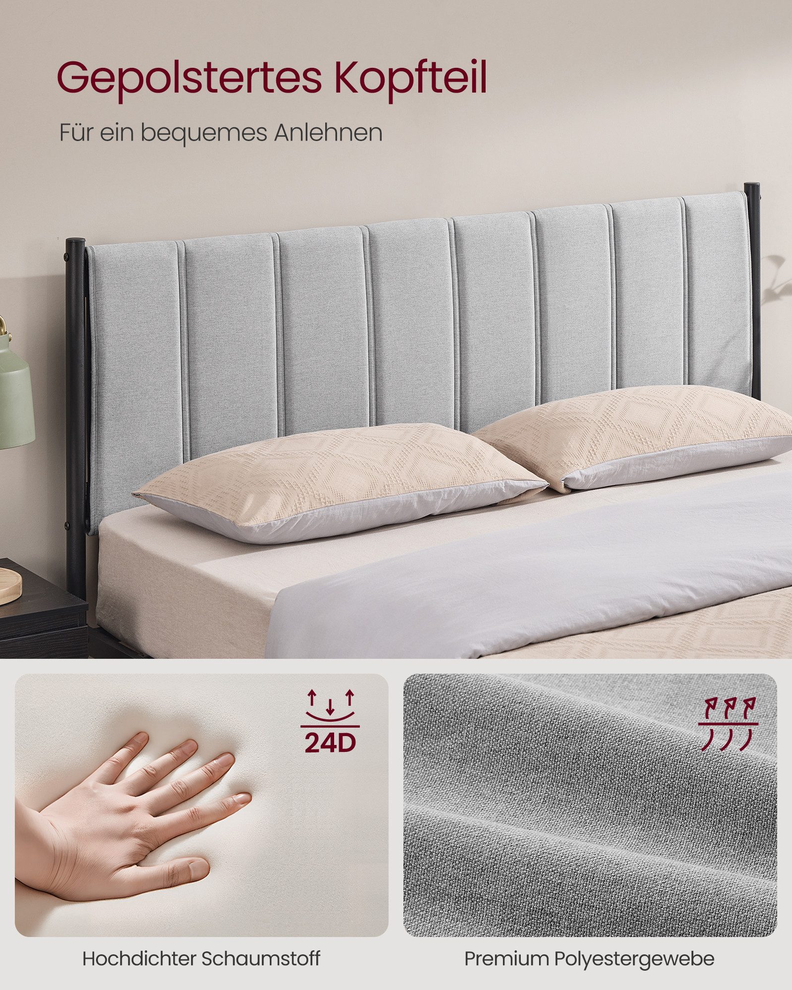 VASAGLE Polsterbett (160 x 200 cm, geräuschlos), mit gepolstertem Kopfteil, hochtragfähig, mehrere Größen verfügbar