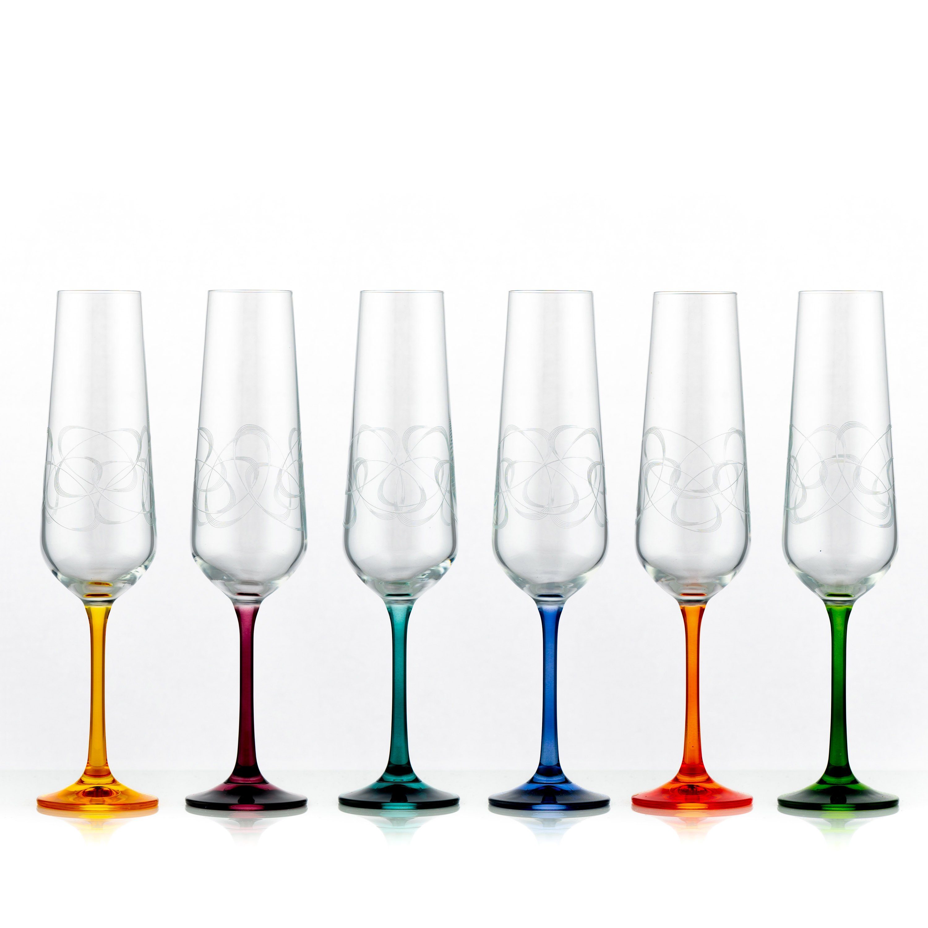 Crystalex Sektglas Sandra (bunter Fuß) 200 ml 6er Set, Kristallglas, Kristallglas, mehrfarbig, Gravur