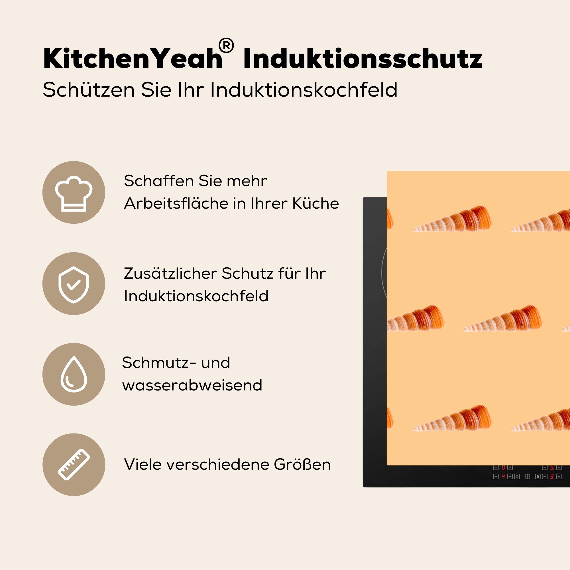 Induktionsmatte für - Herdblende-/Abdeckplatte MuchoWow die küche, Ceranfeldabdeckung tlg), Orange, 59x52 cm, Muscheln (1 Vinyl, Muster -