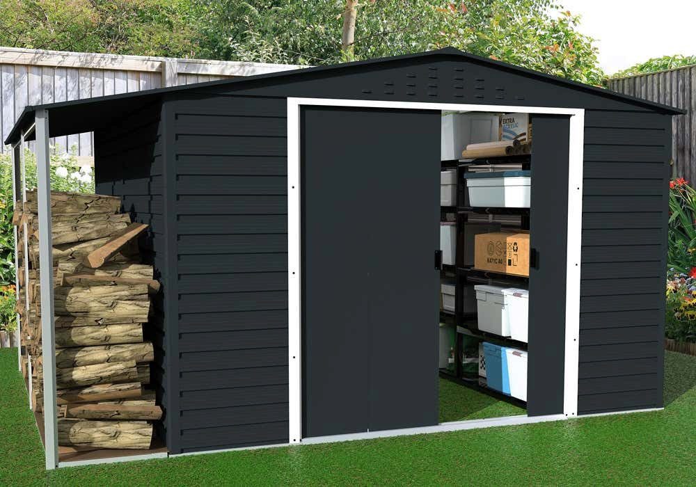 DURAMAX Gerätehaus DURAMAX Metall-Alpine 3x3m mit Anbau, BxT: 381,3x303,1 cm, in Anthrazit mit 0,31mm Wandstärke