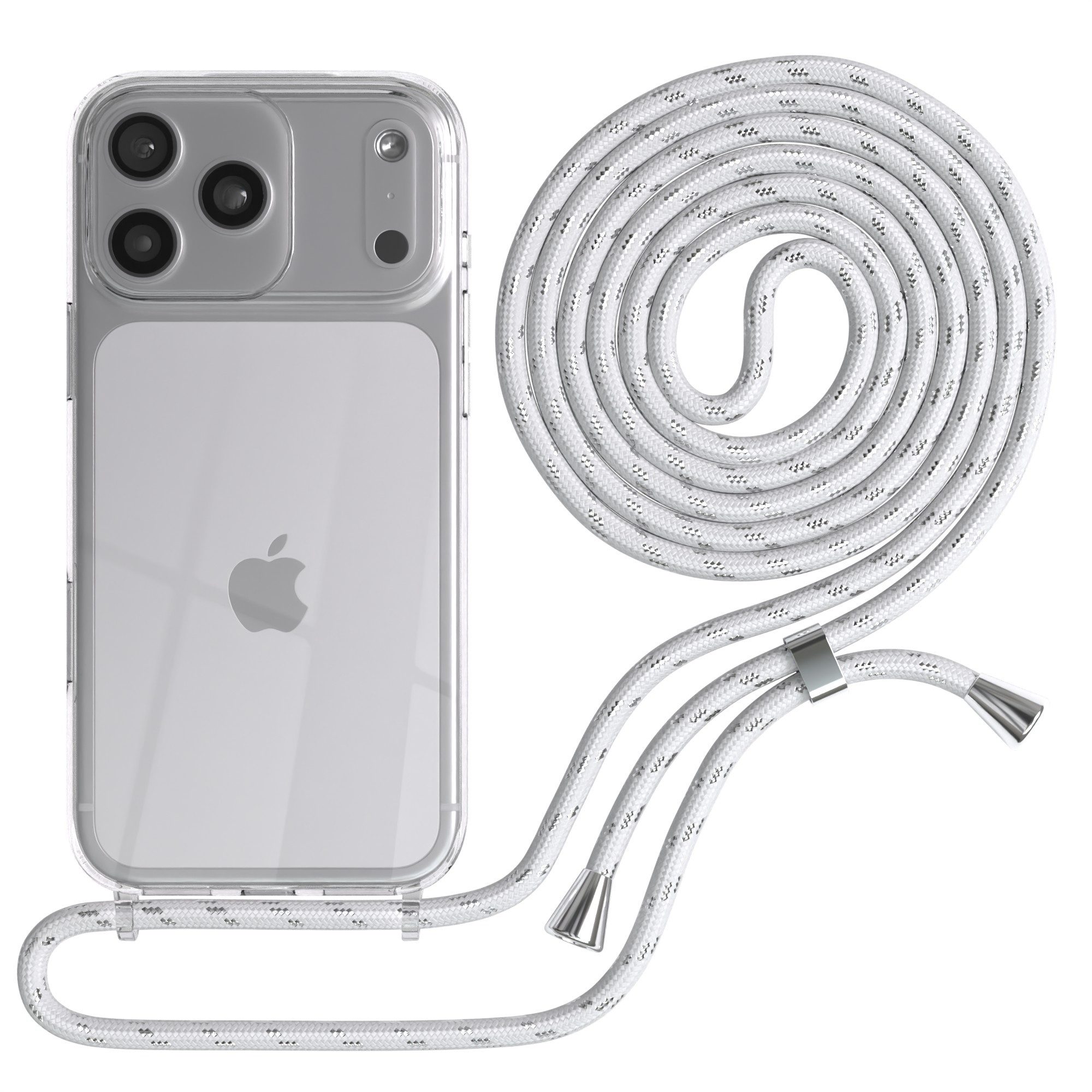 EAZY CASE Handykette Hülle mit Kette für Apple iPhone 17 Pro Max 6,9 Zoll, Hülle Smartphonekette für Unterwegs Festivalhülle Transparent Weiß