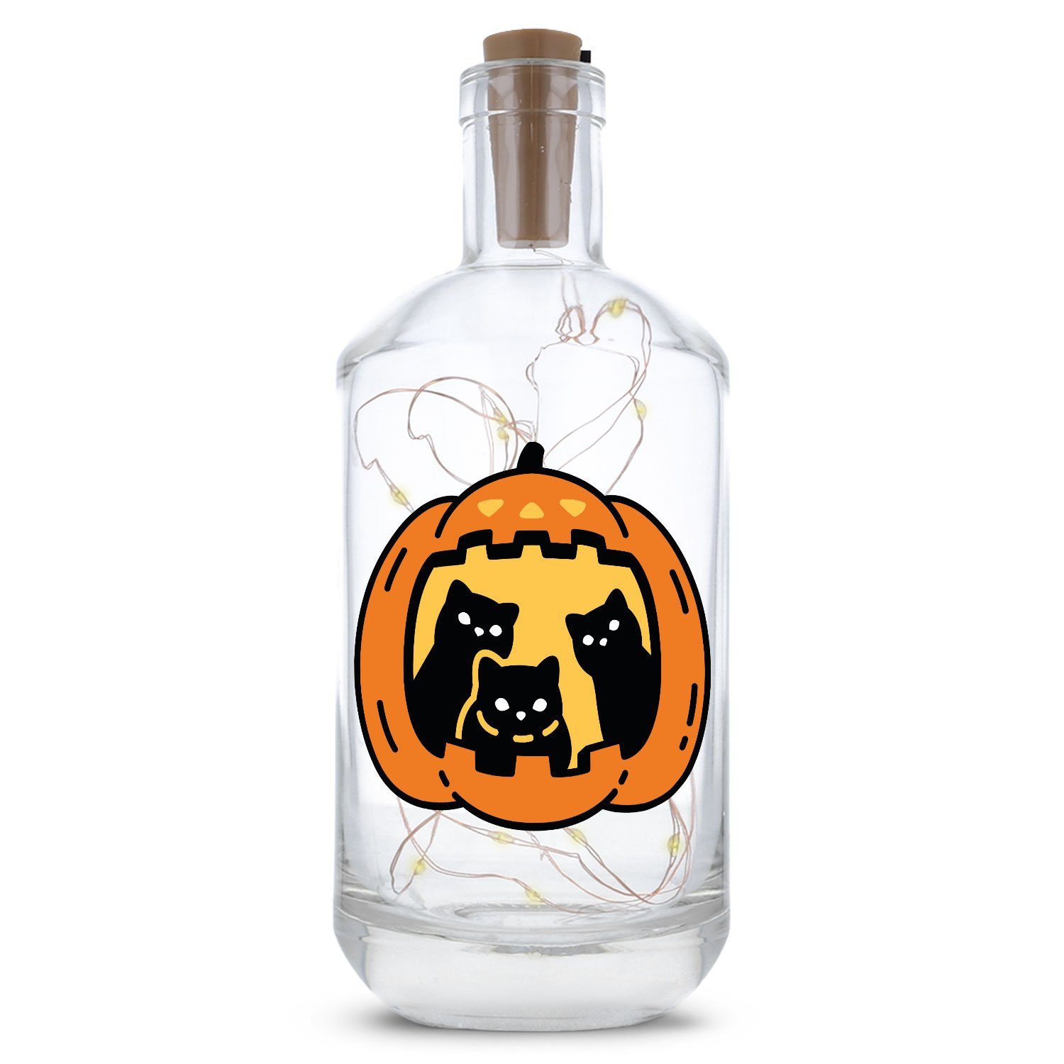 GRAVURZEILE Lichterkette Flasche Schalter Halloween Kürbis Katzen mit Drahtlichterkette im Lichterkette - 20 Korken UV-Druck am LEDs Design, mit