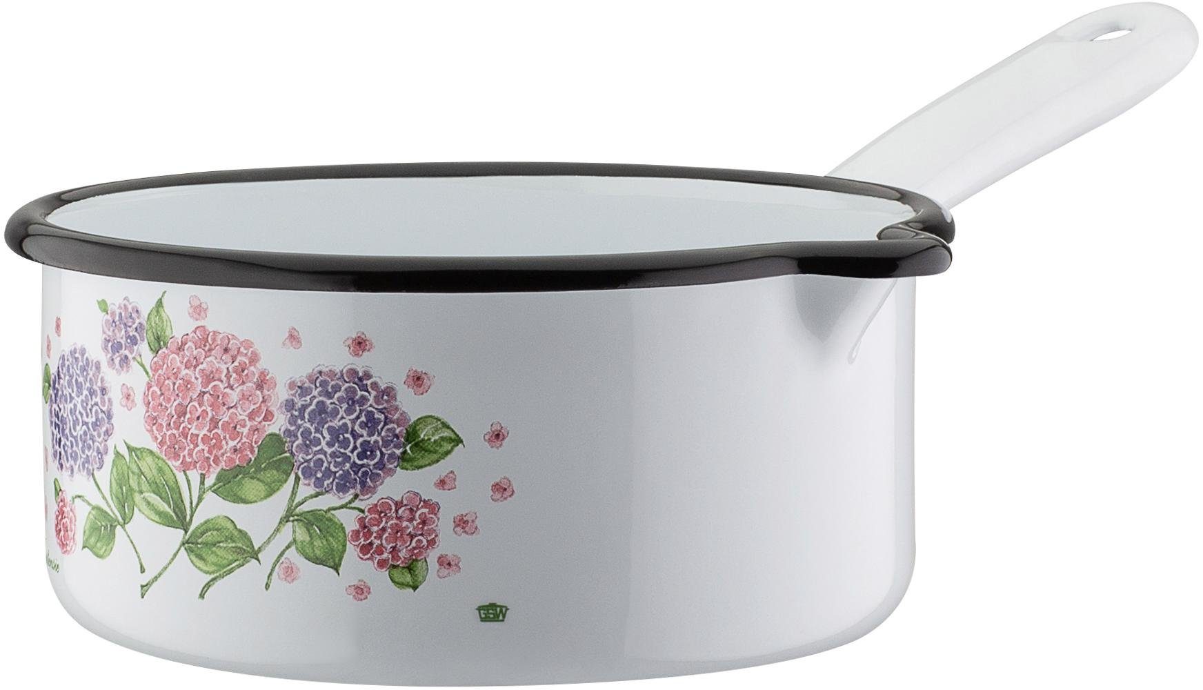 GSW Topf-Set Hortensie, Stahl-Emaille (Set, 6-tlg., je 1x Kochtopf Ø 16/20 cm, Stielkasserolle Ø 16 cm, Milchtopf Ø 12 cm), Induktion