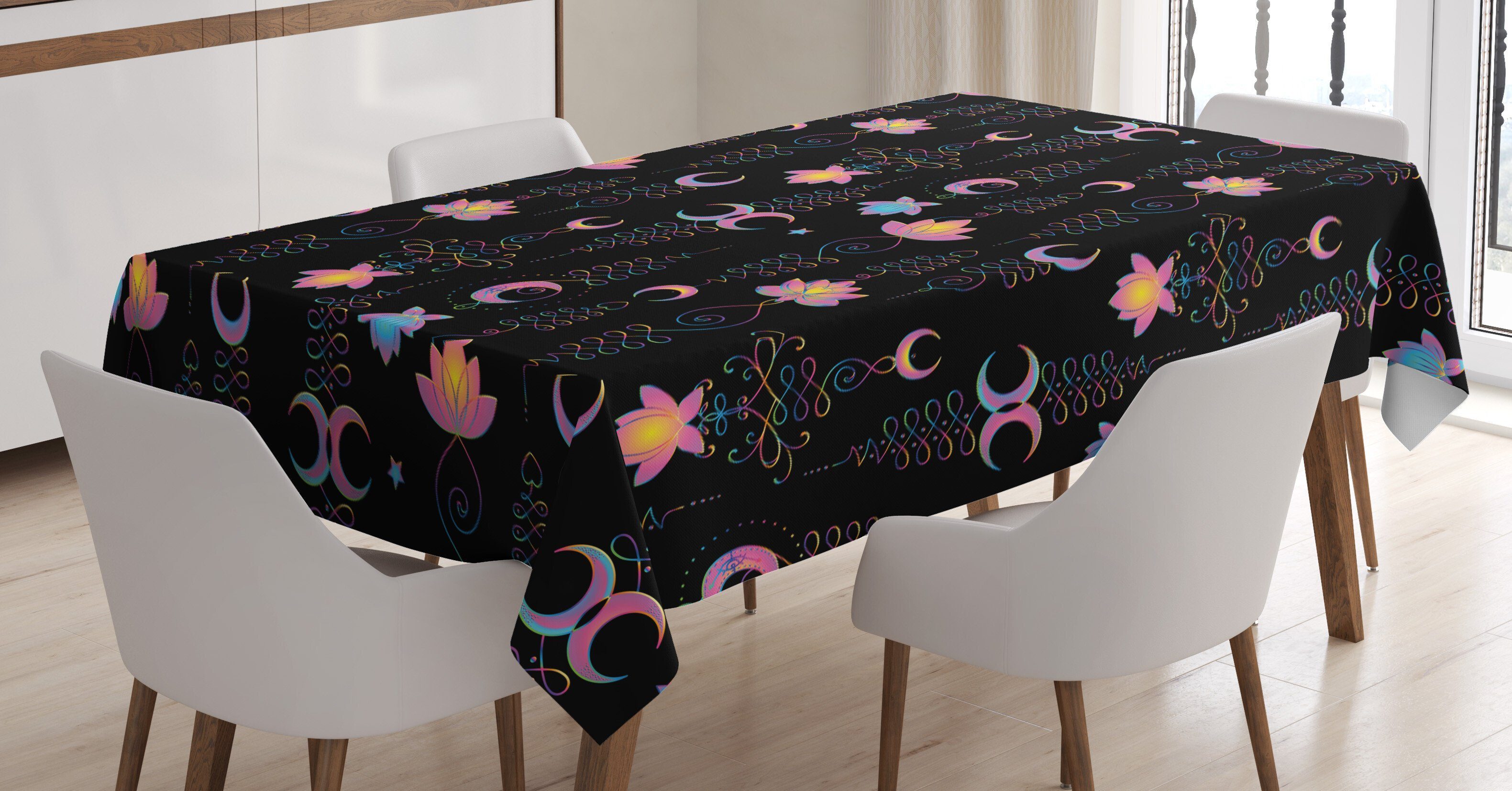 Abakuhaus Tischdecke Farbfest Waschbar Für den Außen Bereich geeignet Klare Farben, Lotus Abstrakte Blumen und Crescent