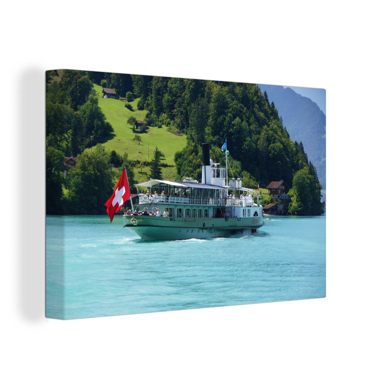 OneMillionCanvasses® Leinwandbild Dampfer auf dem Wasser mit Schweizer Flagge, (1 St), Wandbild Leinwandbilder, Aufhängefertig, Wanddeko, 30x20 cm